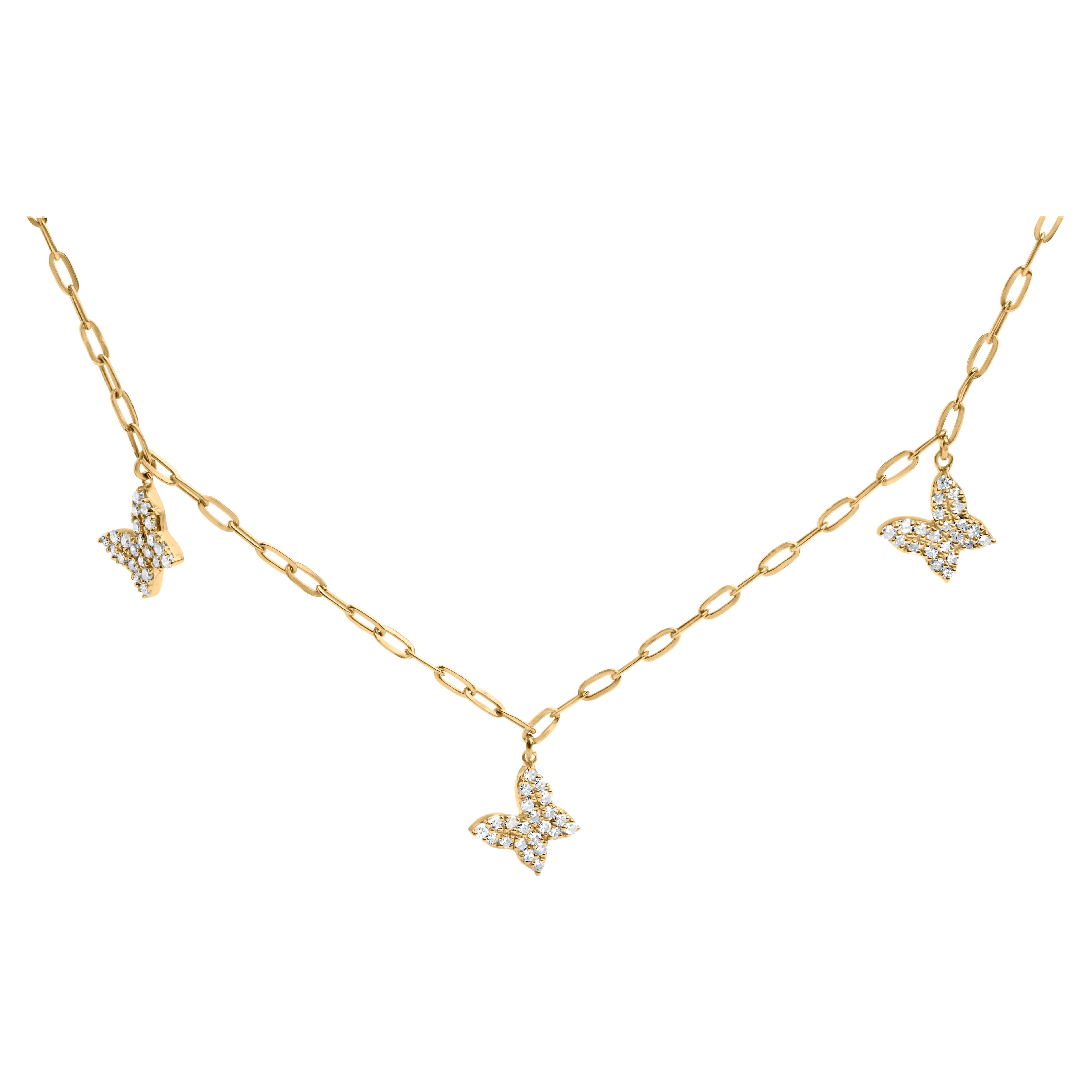 14KT Yellow Gold 1/2 Cttw Diamond Butterfly Station Paperclip Station Necklace