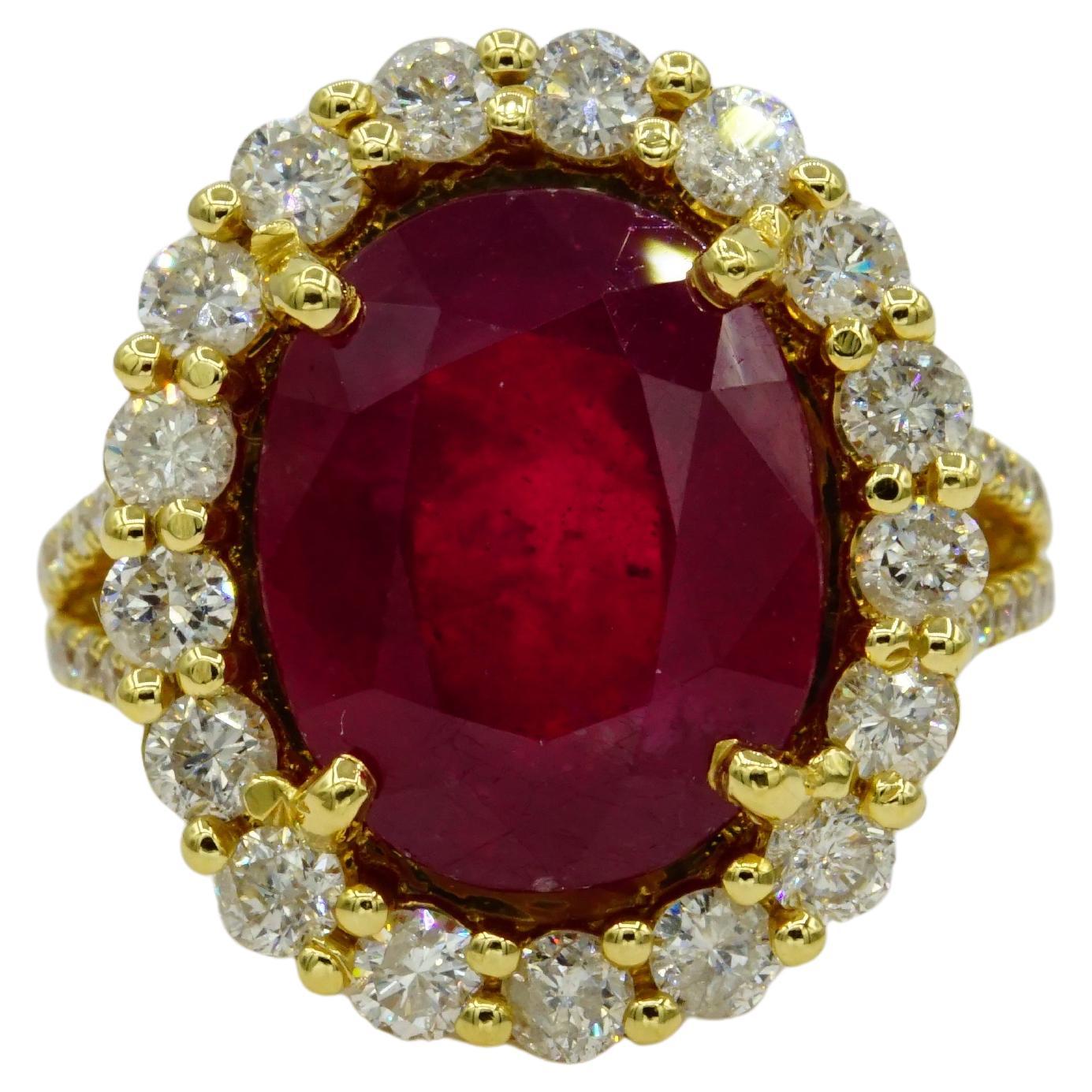 14kt Yellow Gold 10.90ct Ruby1.67cttw Diamond Ring, Certified Appraisal, 8.2 Gr For Sale