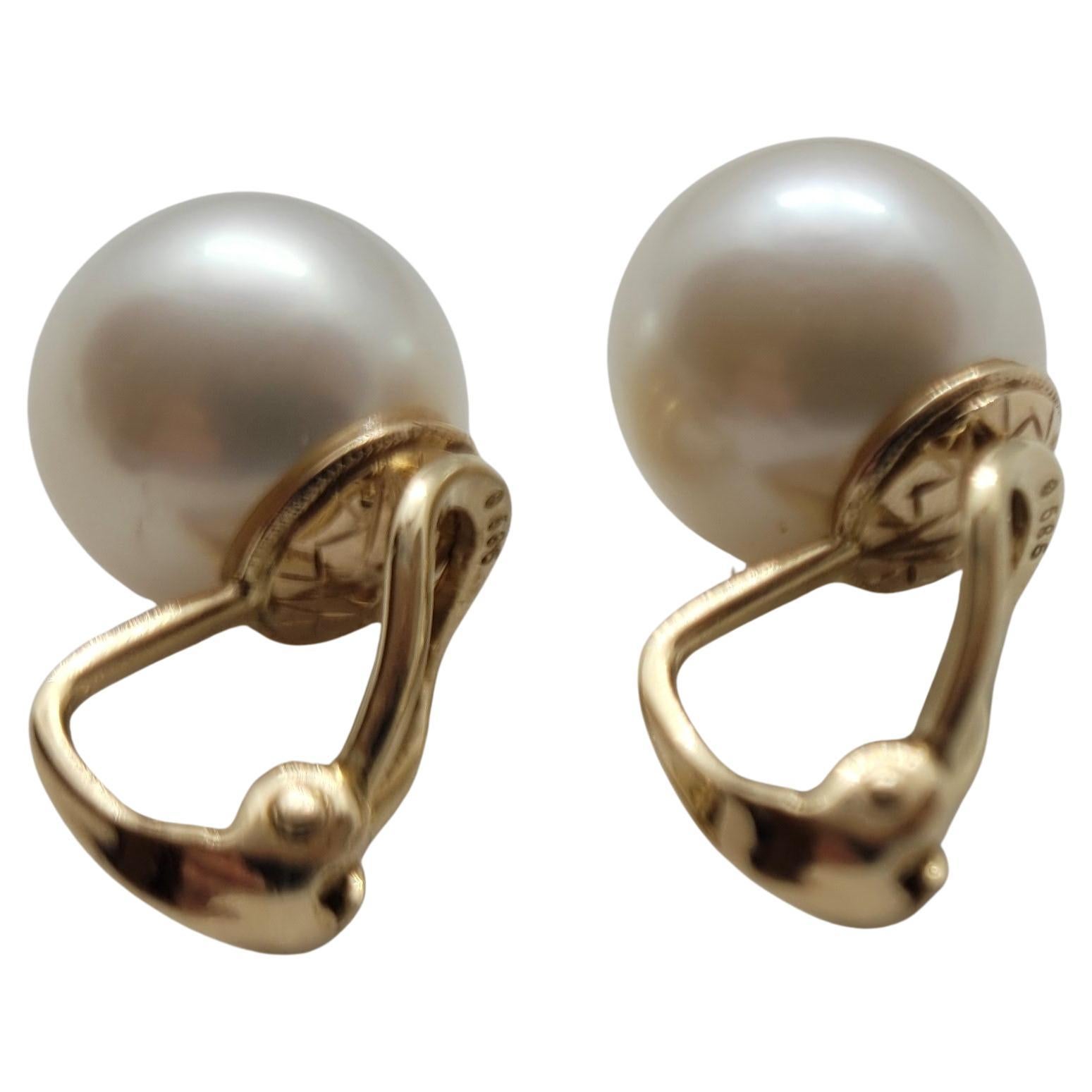 14kt Yellow Gold 12.6mm Pearl Earrings, Clip-On, Medium Grey White, 8.5 gr, Fine