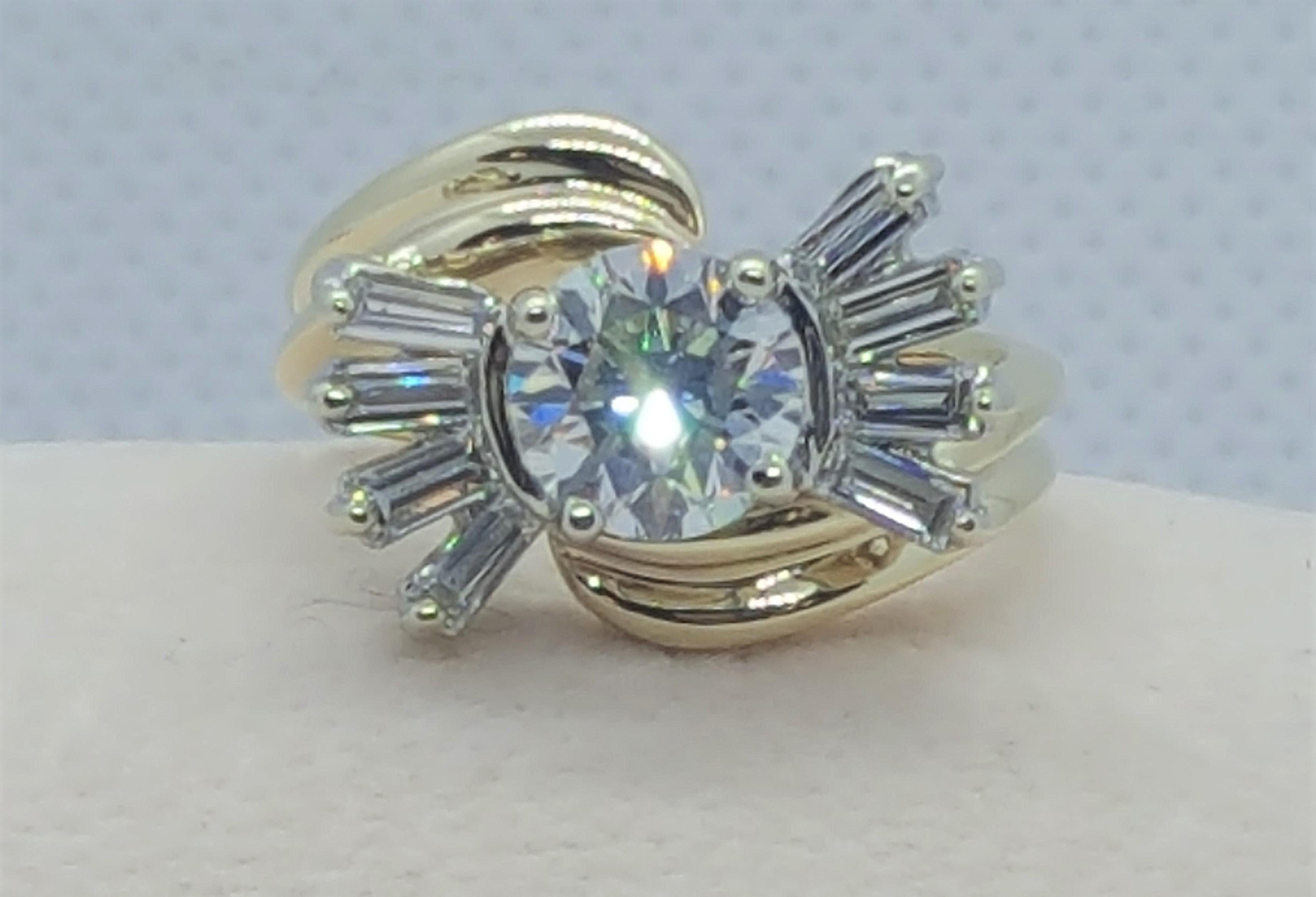 Round Cut 14kt Two-Tone Gold 1.41ct Natural Rare European Cut Diamond Bypass Baguette Ring For Sale