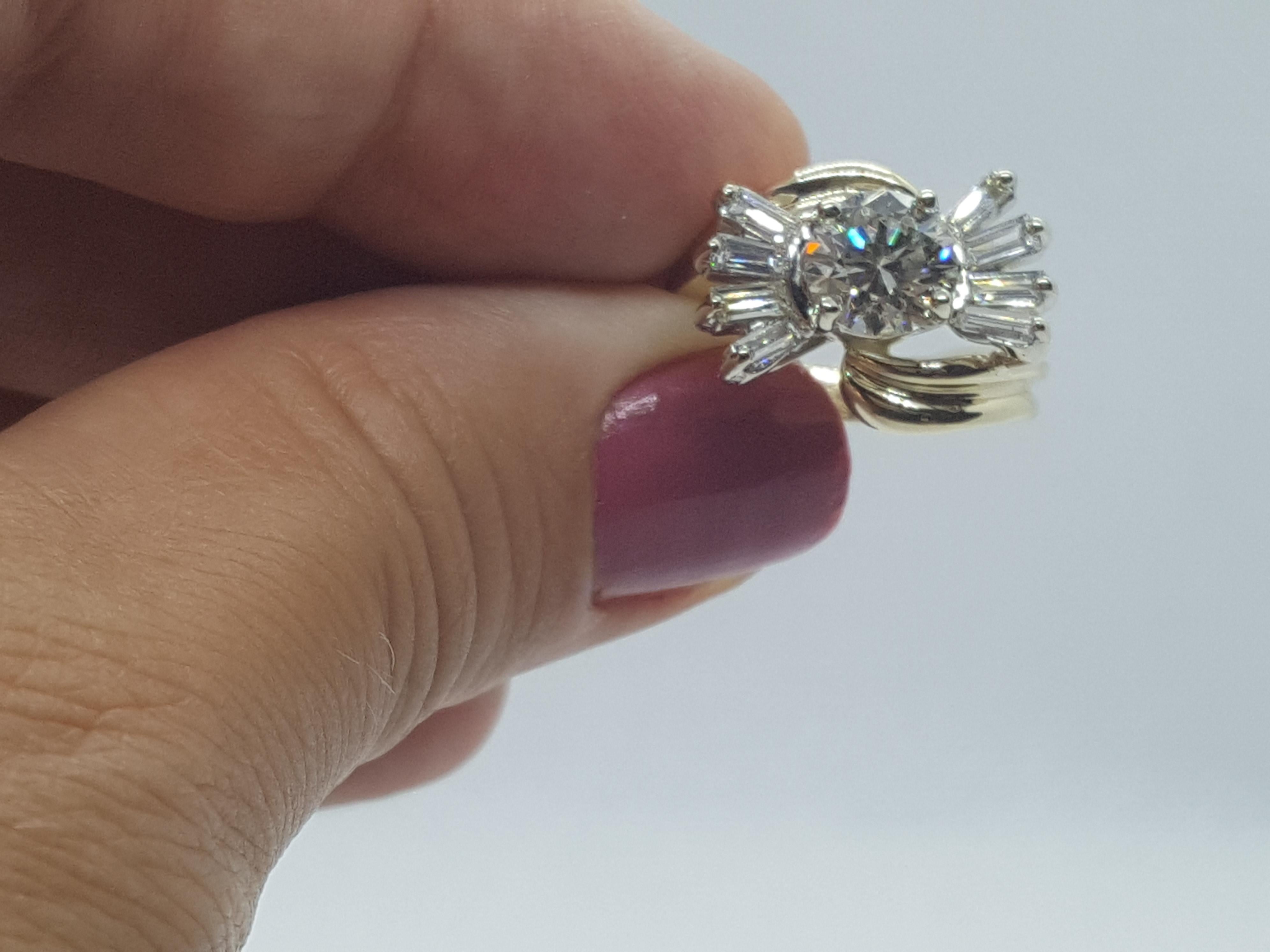 14kt Two-Tone Gold 1.41ct Natural Rare European Cut Diamond Bypass Baguette Ring For Sale 3