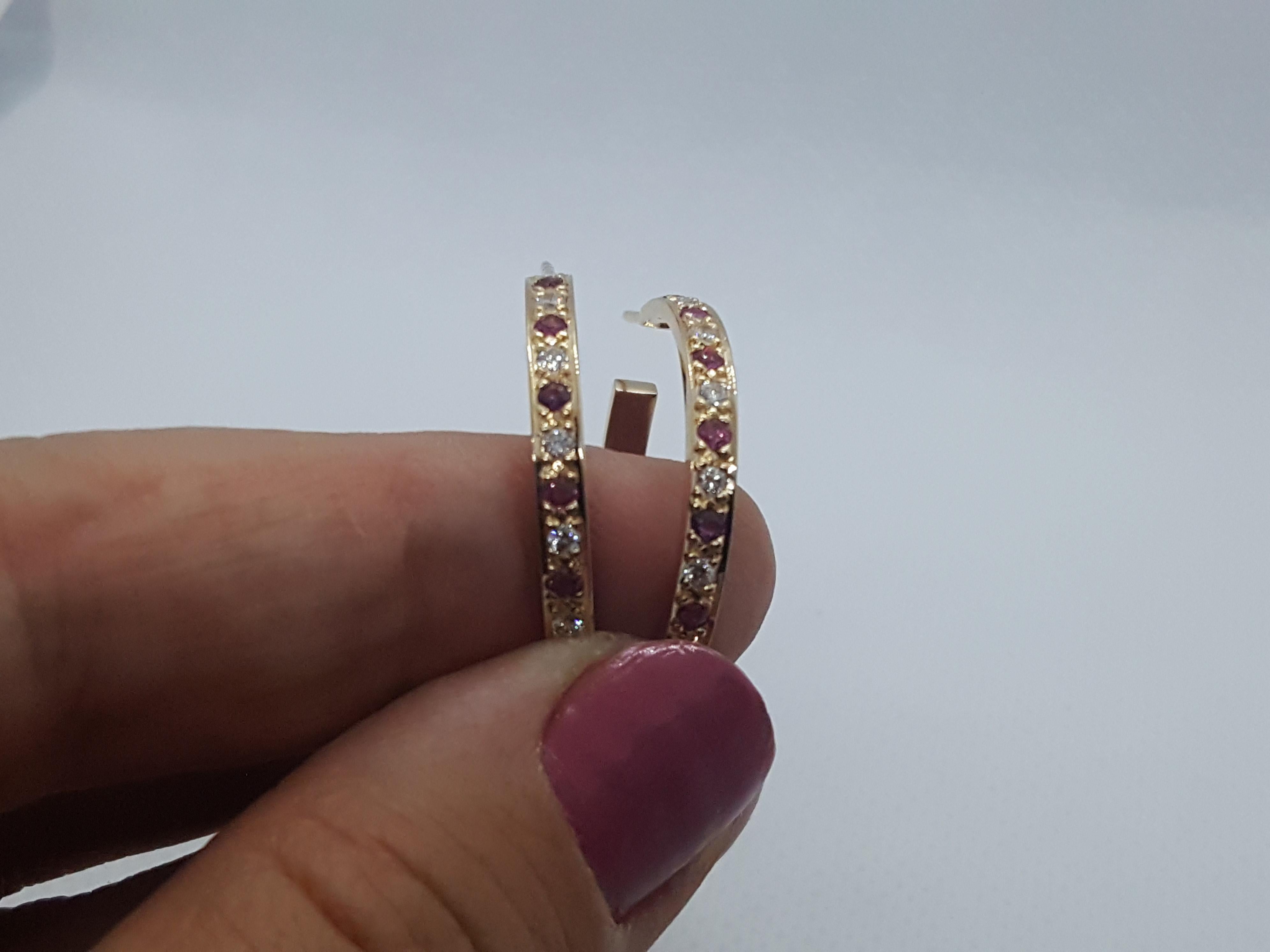 Modern 14kt Yellow Gold .15cttw Diamond .20ct Ruby Hoops Friction Posts 25mm, 3mm Wide For Sale
