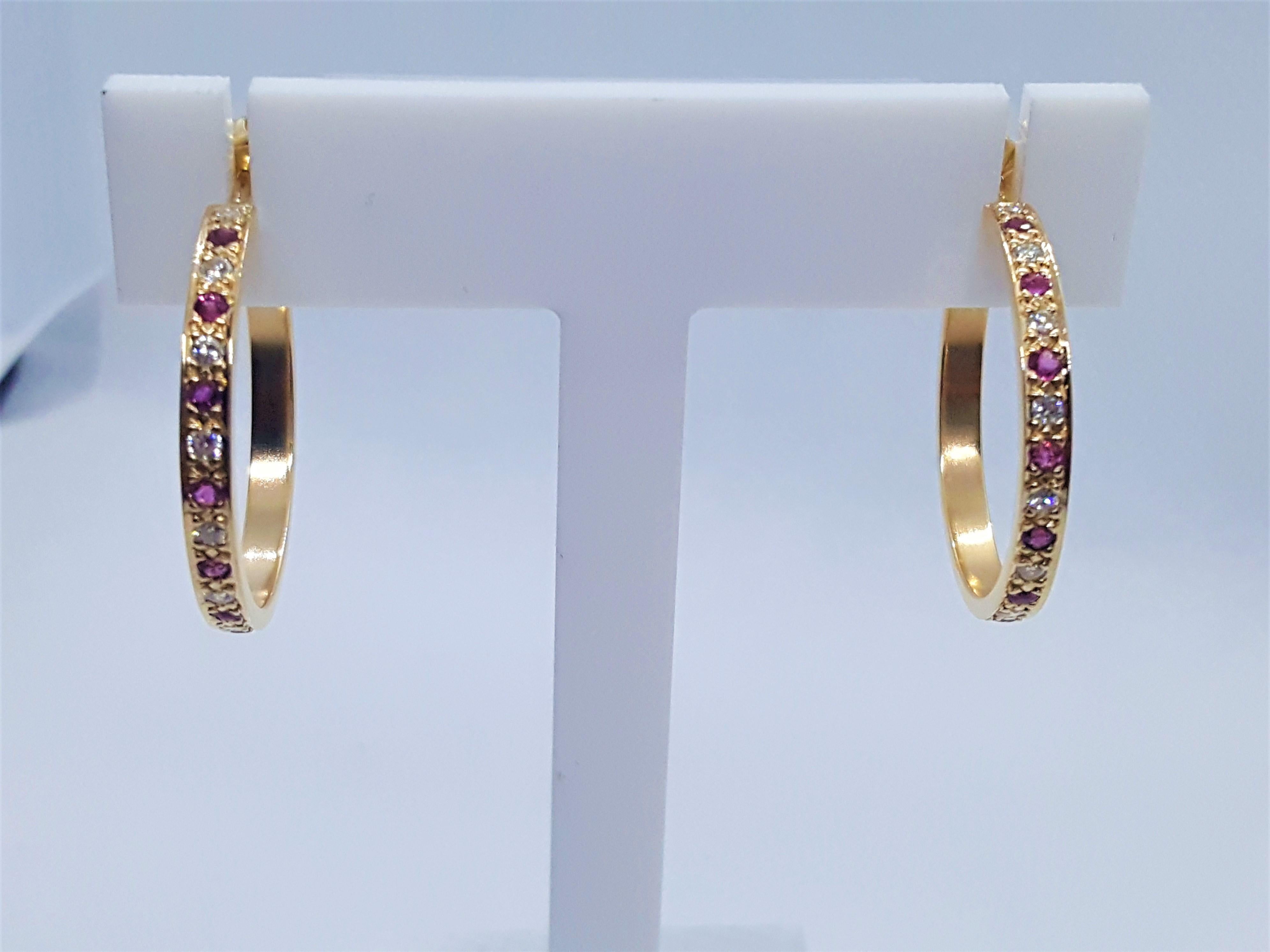 Round Cut 14kt Yellow Gold .15cttw Diamond .20ct Ruby Hoops Friction Posts 25mm, 3mm Wide For Sale