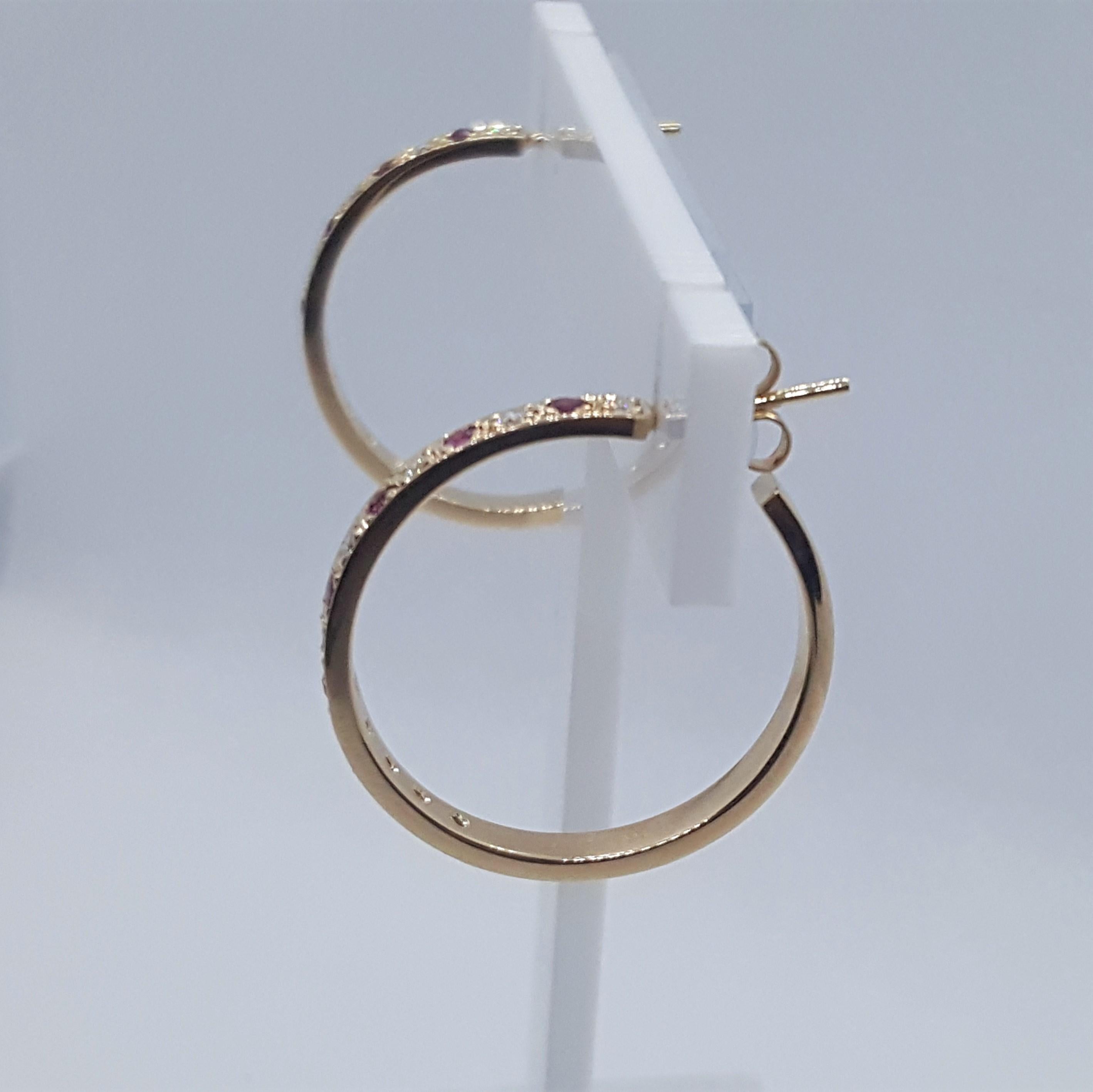 14kt Yellow Gold .15cttw Diamond .20ct Ruby Hoops Friction Posts 25mm, 3mm Wide In Good Condition For Sale In Rancho Santa Fe, CA