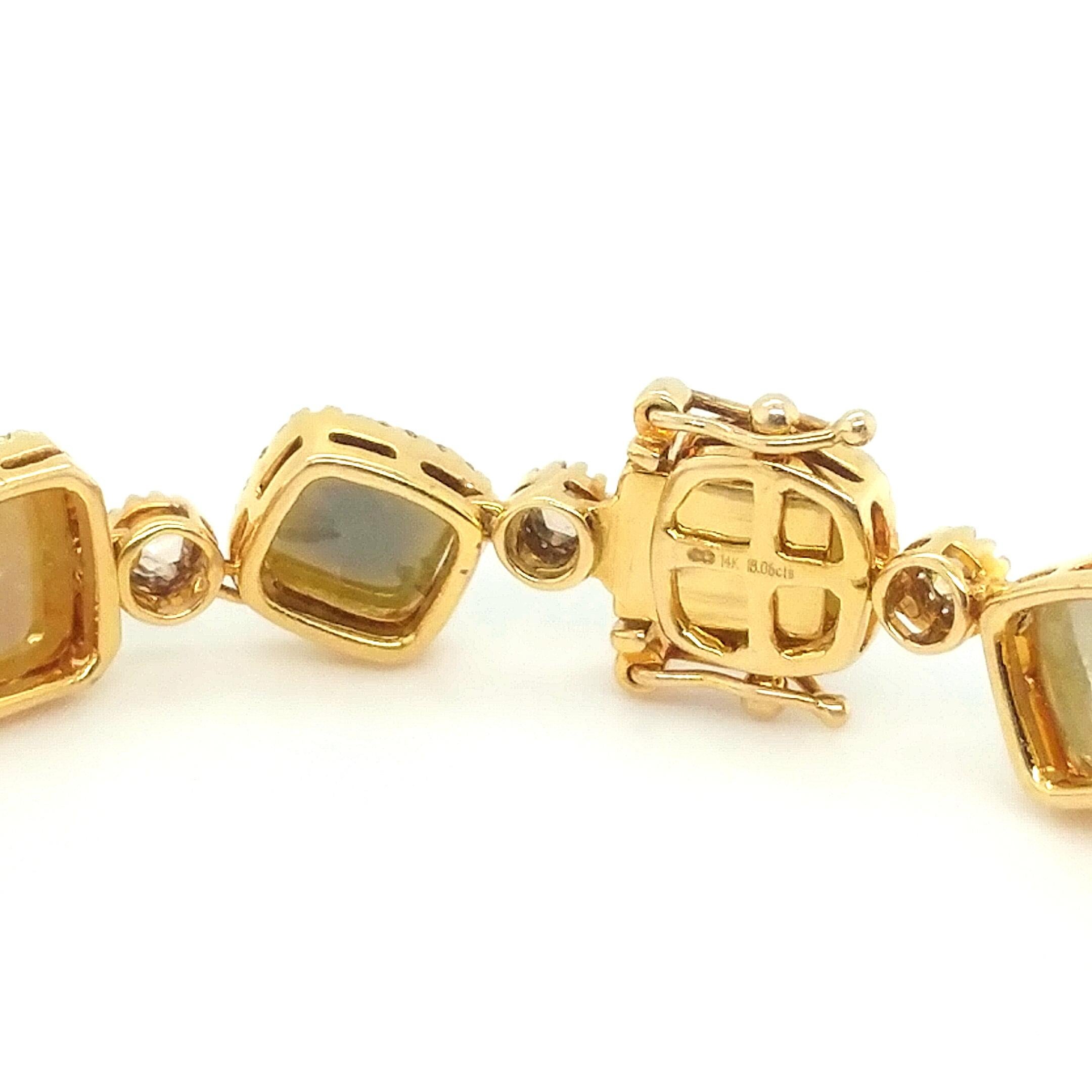 A beautiful bracelet featuring Cushion & Rose Cut Gray, Yellow & Orangy-Yellow Diamonds, 0.61 Carats of Single Cut Yellow Diamonds & Rose Cut & Round Diamonds. Some of the fancy colored stones are treated to enhance the color. All the diamonds are