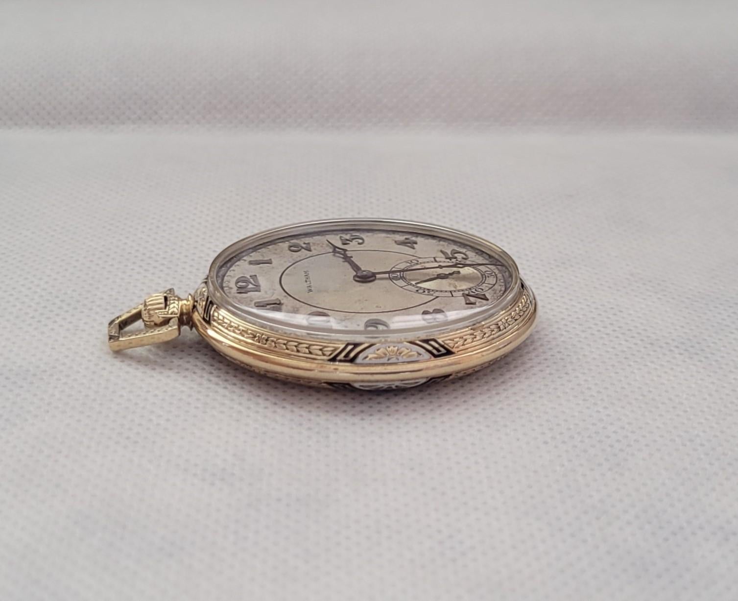 Art Déco Oro giallo 14kt  1923 Orologio da tasca Waltham 44mm Cassa revisionata Garanzia funzionante