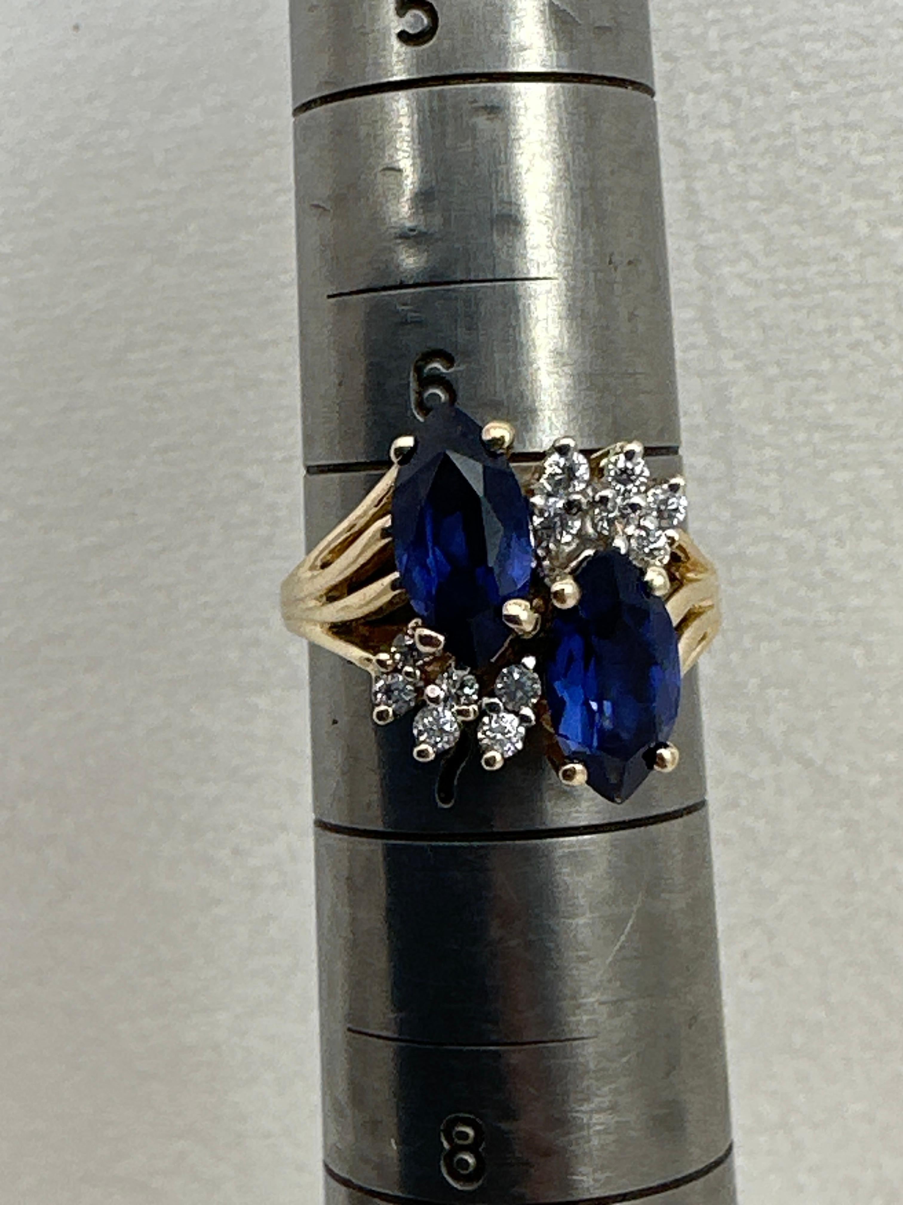 14kt Yellow Gold ~ 2 Sapphire Blue Marquise Stones 12 Diamonds Ring Size 6 1/2 For Sale 4