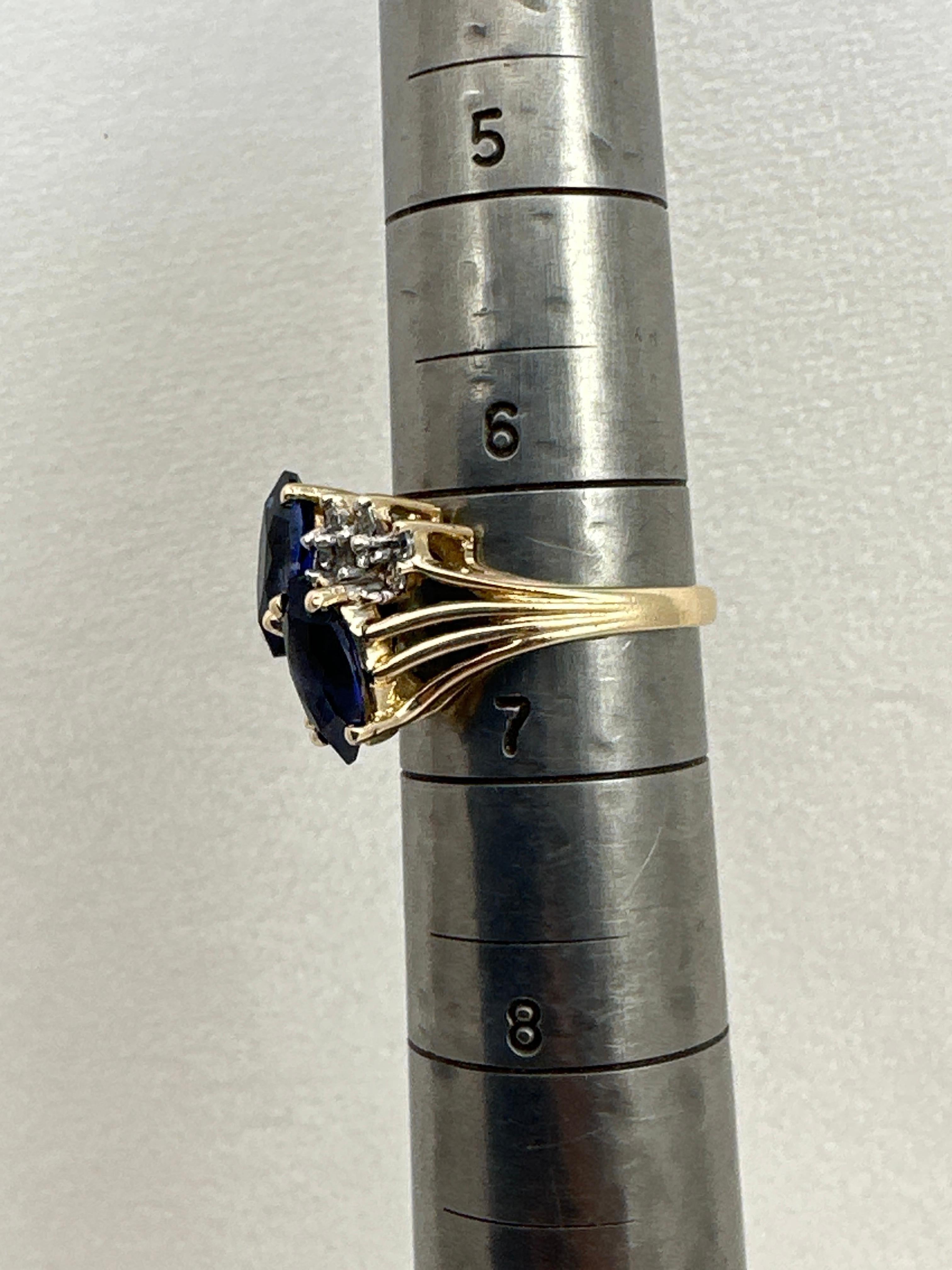 14kt Yellow Gold ~ 2 Sapphire Blue Marquise Stones 12 Diamonds Ring Size 6 1/2 For Sale 5