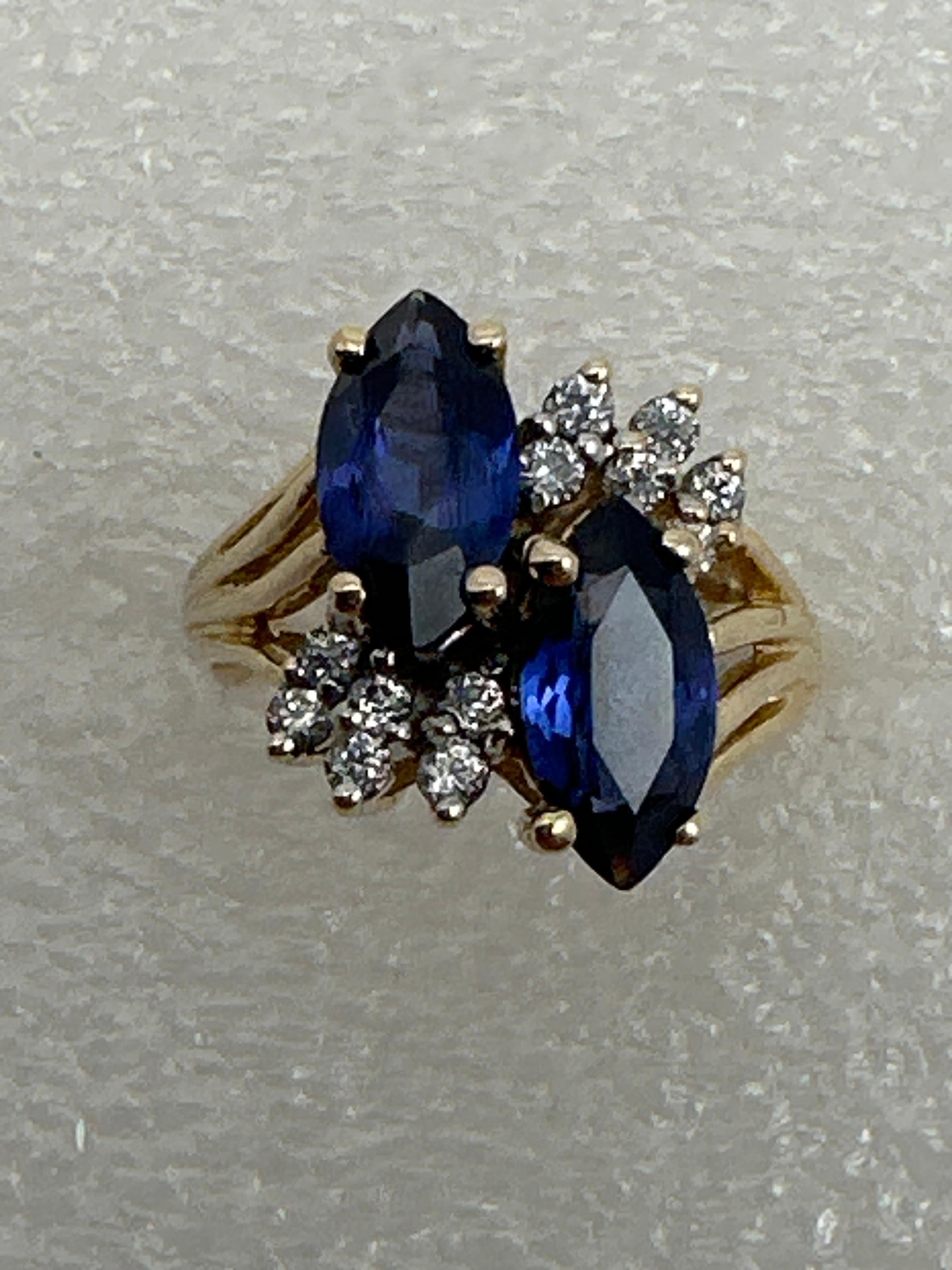 14kt Yellow Gold ~ 2 Sapphire Blue Marquise Stones 12 Diamonds Ring Size 6 1/2 For Sale 6