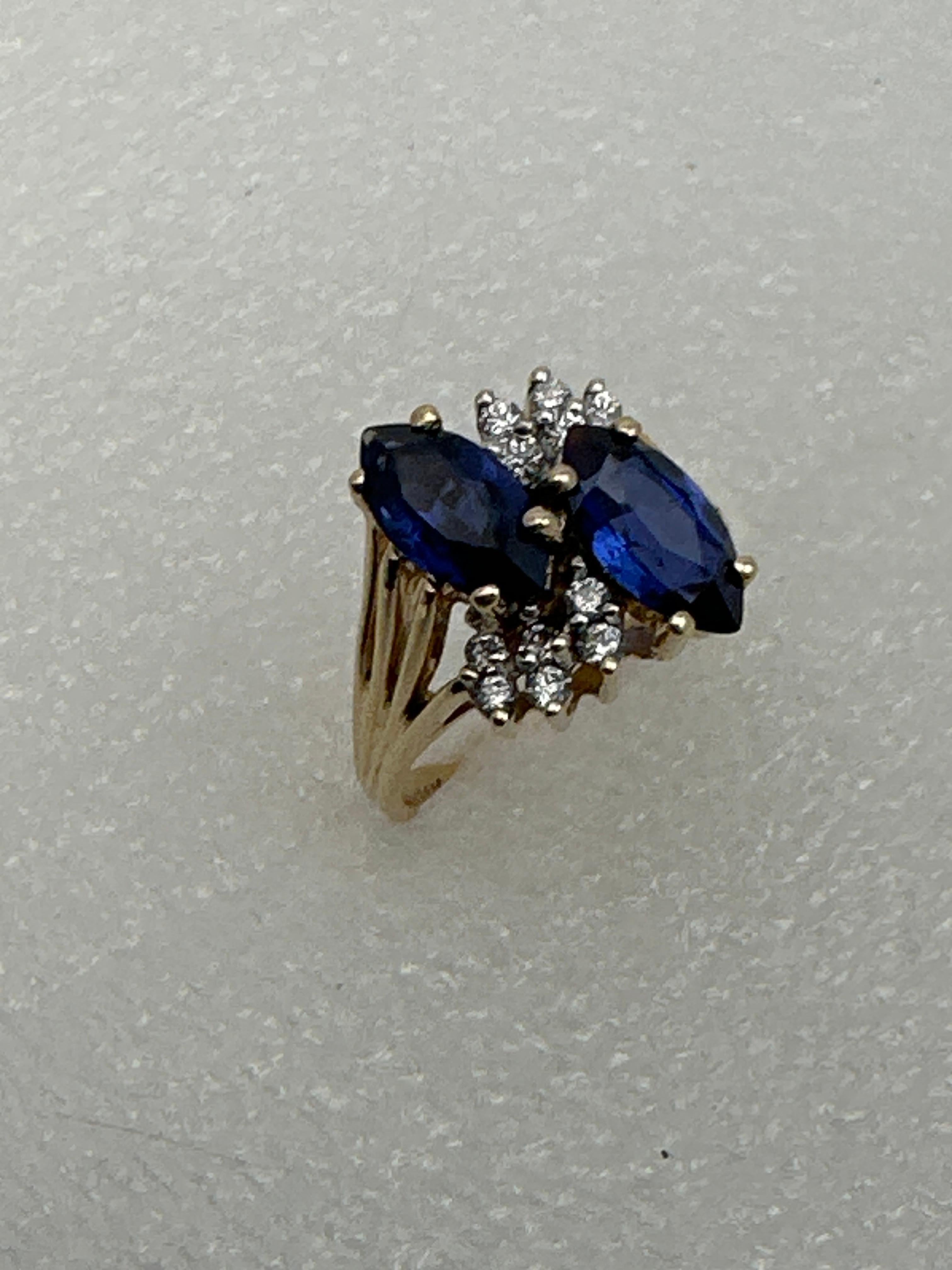 Modern 14kt Yellow Gold ~ 2 Sapphire Blue Marquise Stones 12 Diamonds Ring Size 6 1/2 For Sale