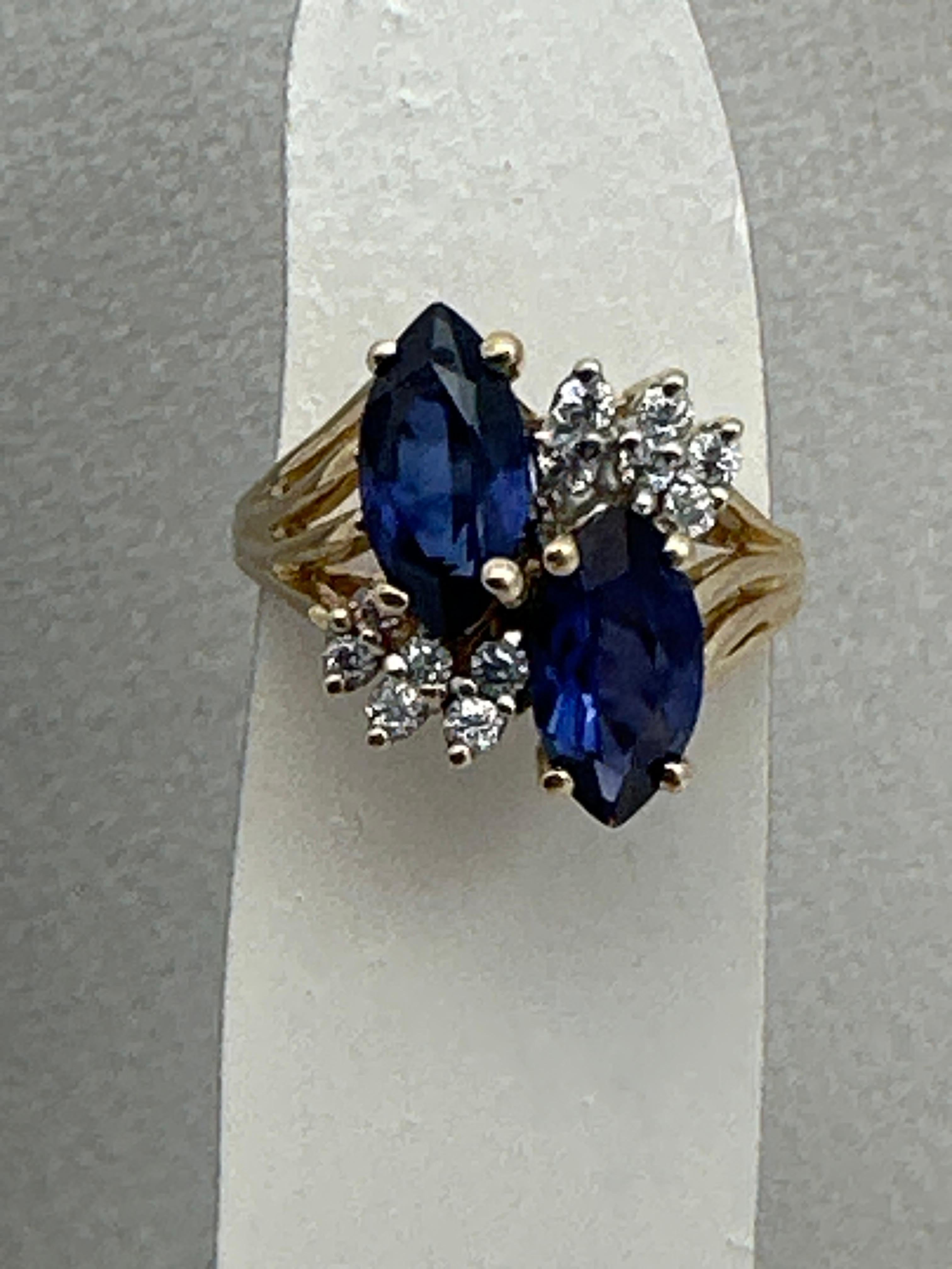 Marquise Cut 14kt Yellow Gold ~ 2 Sapphire Blue Marquise Stones 12 Diamonds Ring Size 6 1/2 For Sale