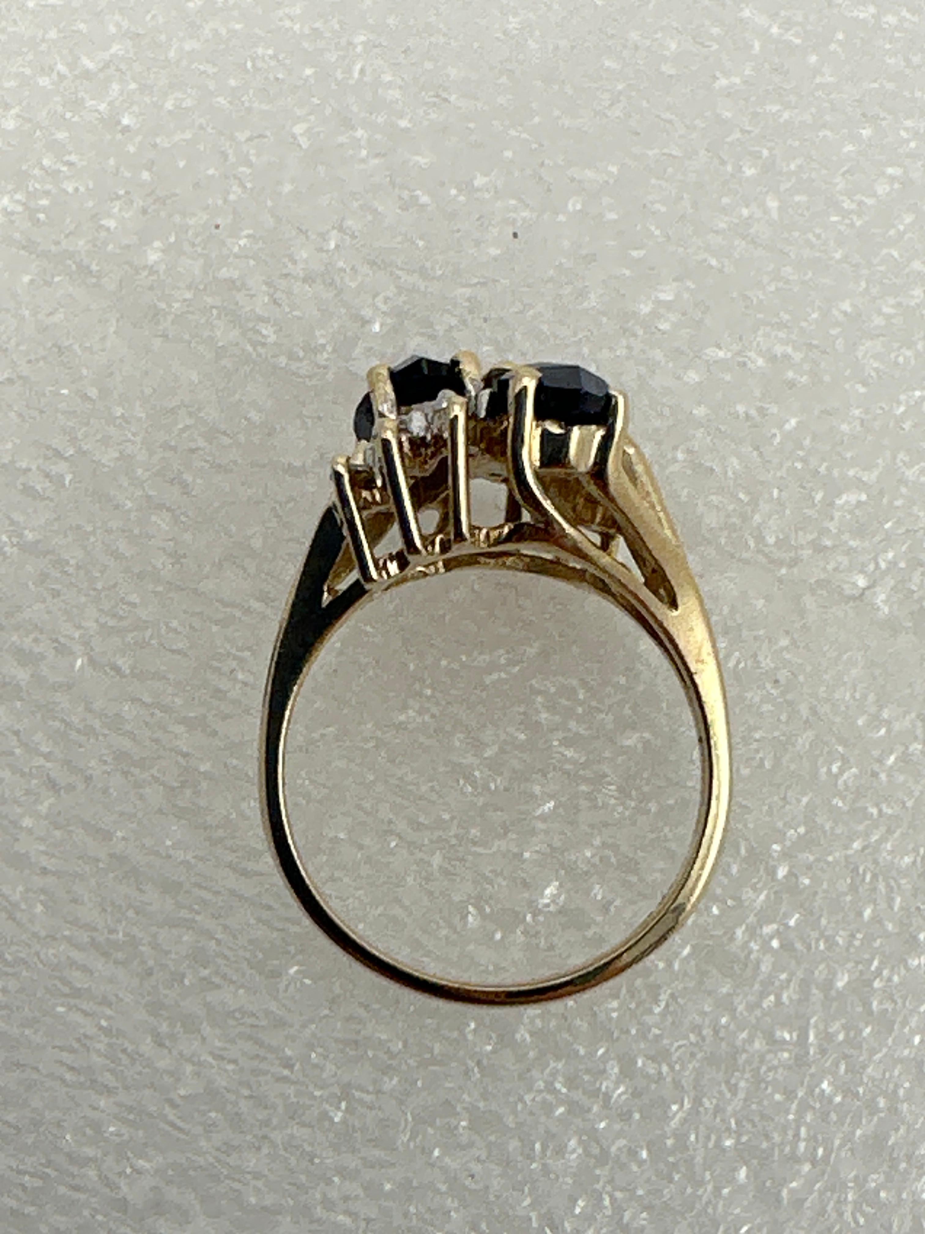 14kt Yellow Gold ~ 2 Sapphire Blue Marquise Stones 12 Diamonds Ring Size 6 1/2 For Sale 1