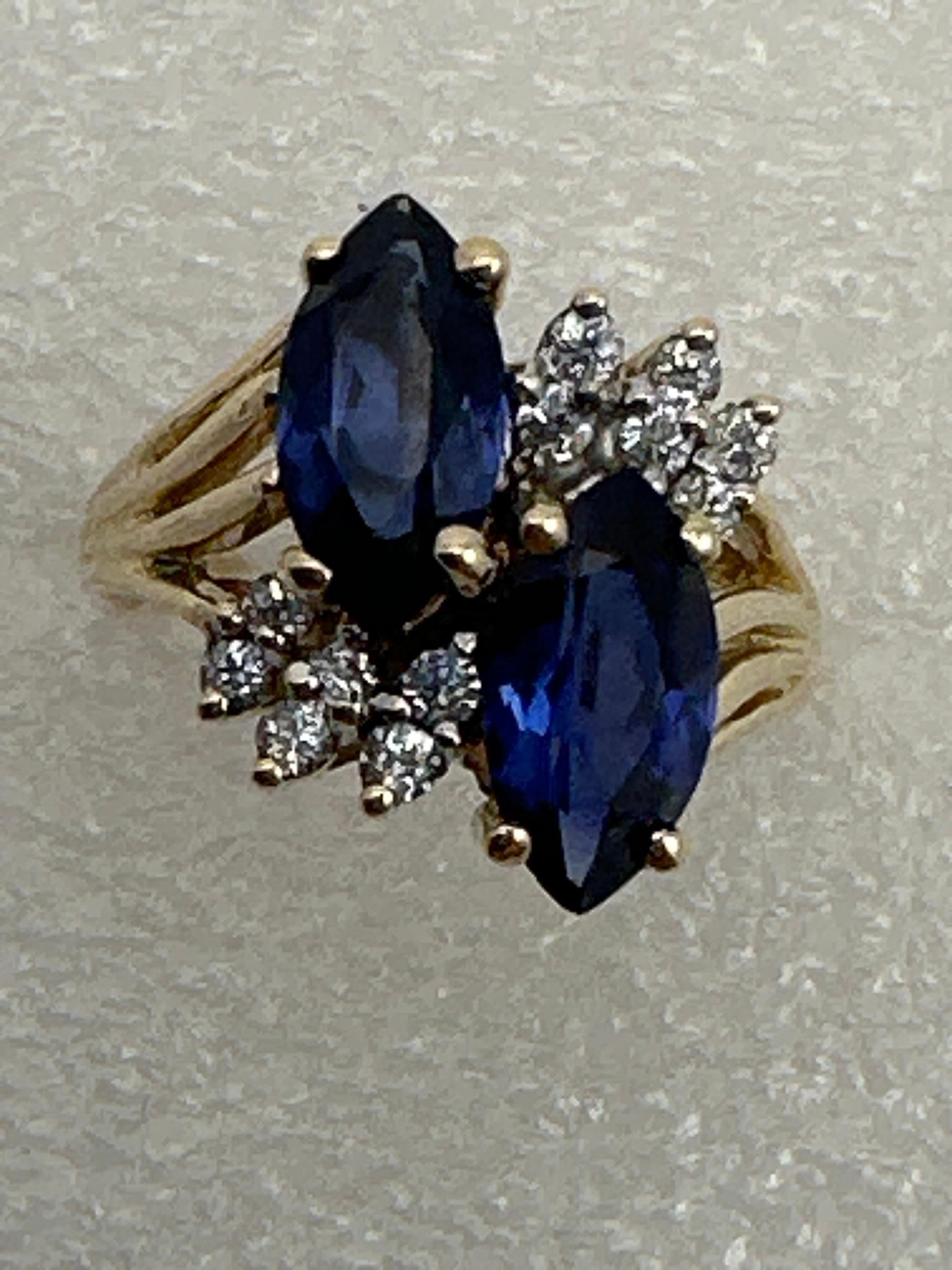 14kt Yellow Gold ~ 2 Sapphire Blue Marquise Stones 12 Diamonds Ring Size 6 1/2 For Sale 3