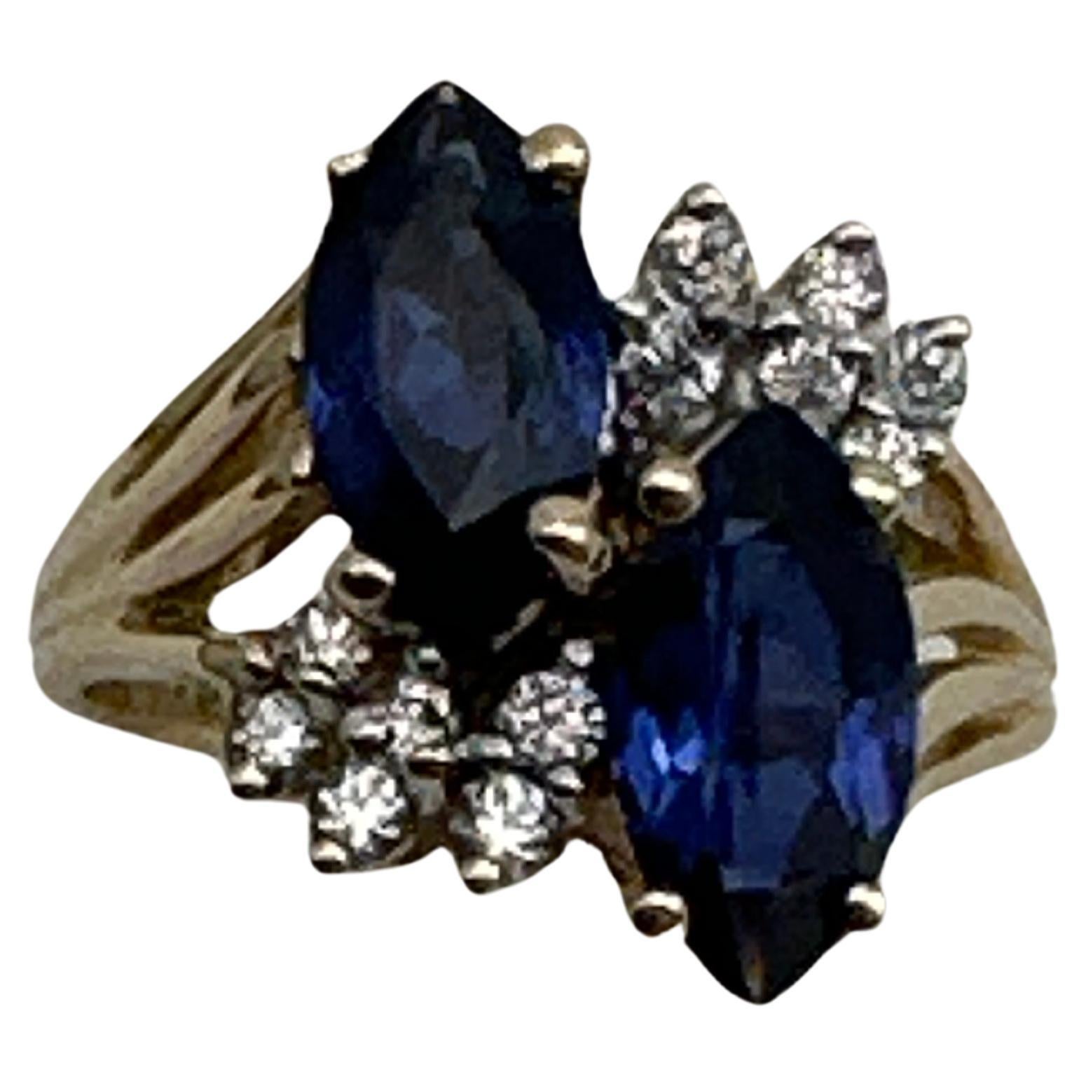 14kt Yellow Gold ~ 2 Sapphire Blue Marquise Stones 12 Diamonds Ring Size 6 1/2 For Sale