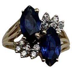 14kt Gelbgold ~ 2 Saphir Blau Marquise Steine 12 Diamanten Ring Größe 6 1/2