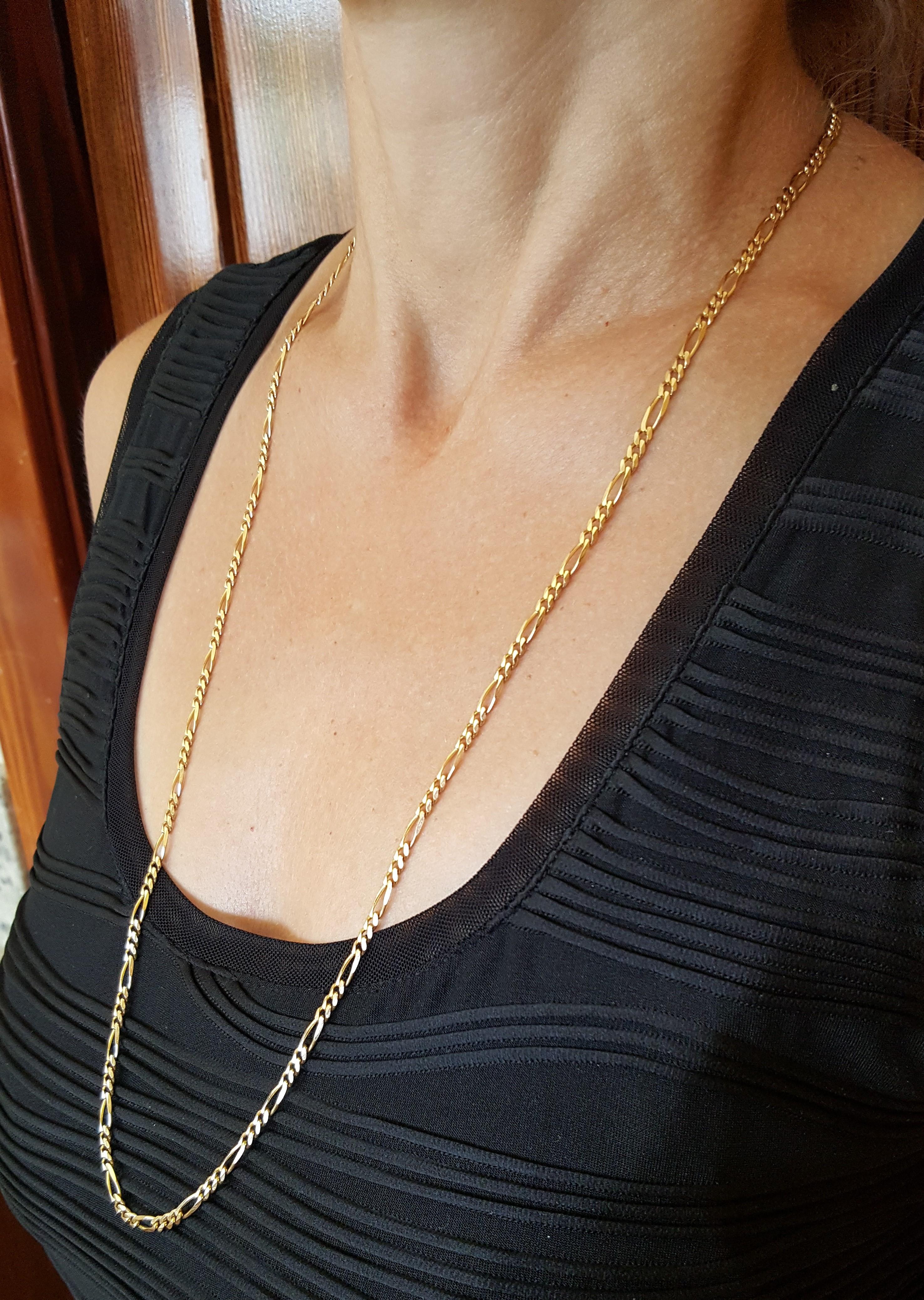 14kt Yellow Gold 30 inch Italian Herco Figaro Chain, 18.5 Grams, 3.5 mm Wide, Lobster Clasp, Good Condition and Quality Craftsmanship. The necklace is stamped 14kt and has the Herco 