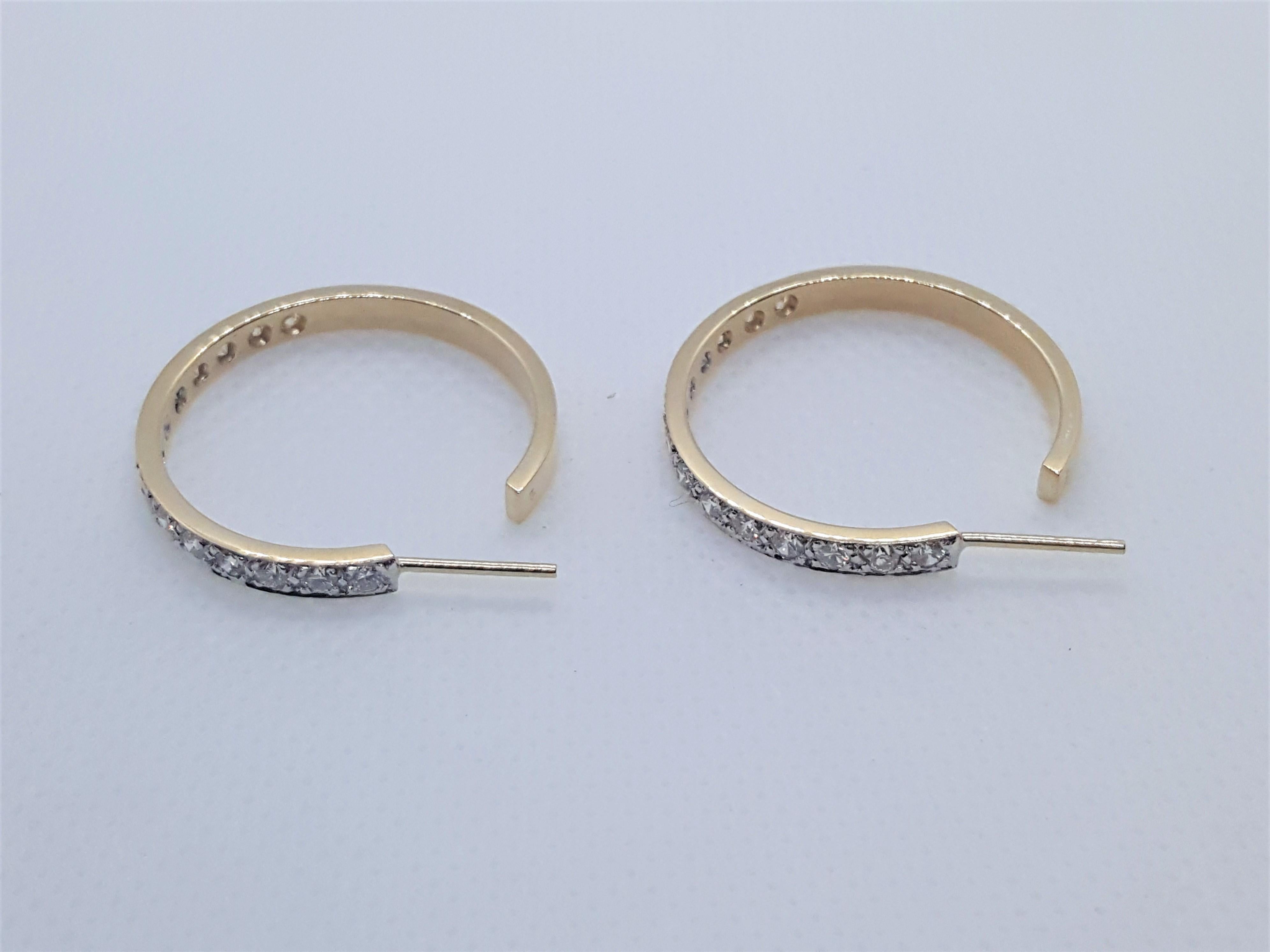 Round Cut 14kt Yellow Gold .30cttw Bead Set Diamond Hoop Earrings Friction Posts For Sale