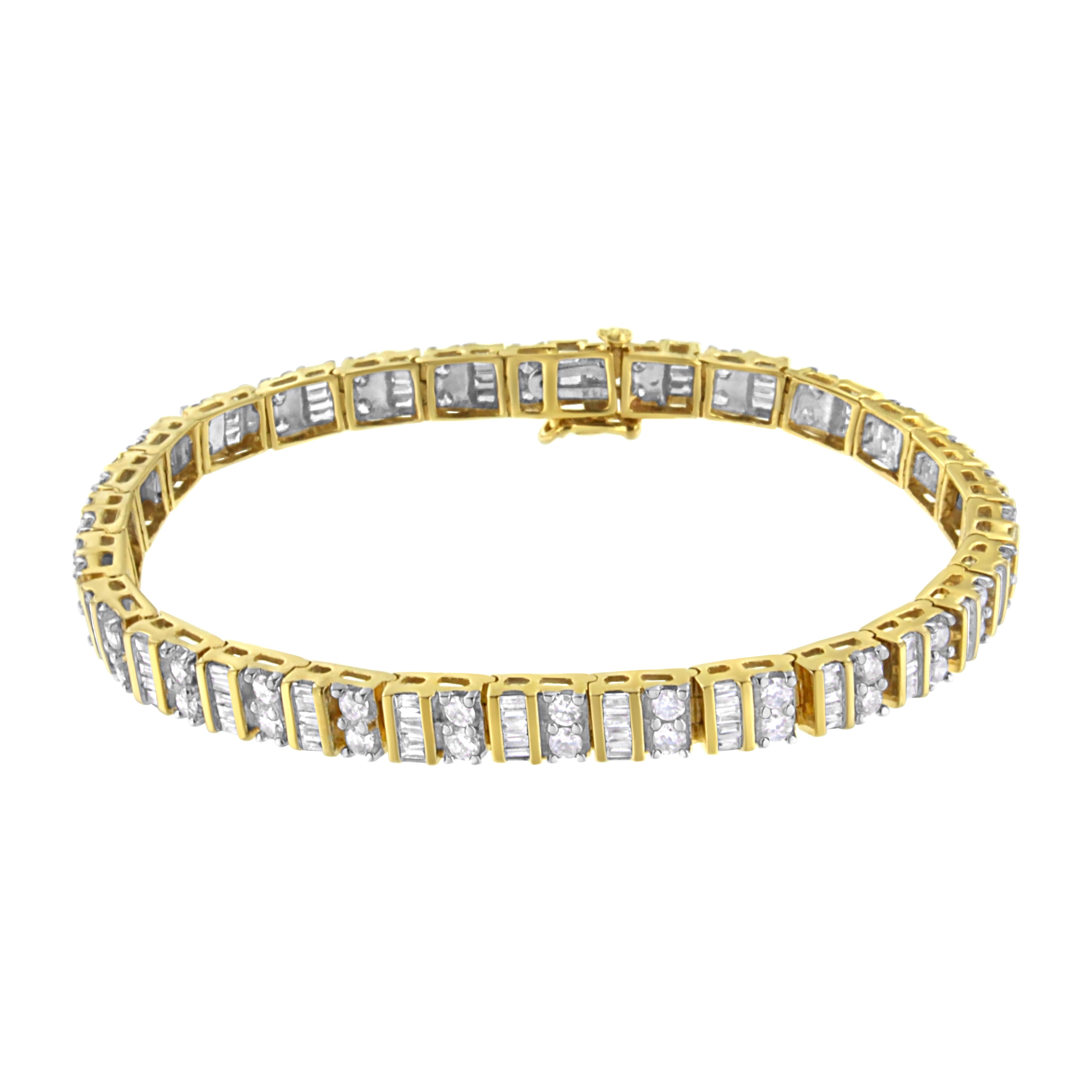 A must have for any serious jewelry collection, this stunning 14K yellow gold tennis bracelet boasts an impressive 4.0 carat total weight of diamonds with a whopping 224 individual stones. The bracelet features alternating columns of prong set