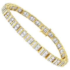 Bracelet tennis en or jaune 14 carats avec diamants baguettes et ronds taille brillant de 4,0 carats au total