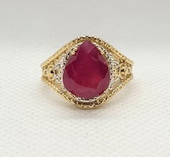 14kt Yellow Gold 4.15ct Pear Ruby Ring, Size 6.5, Gemology Report, Filigree, 6gr