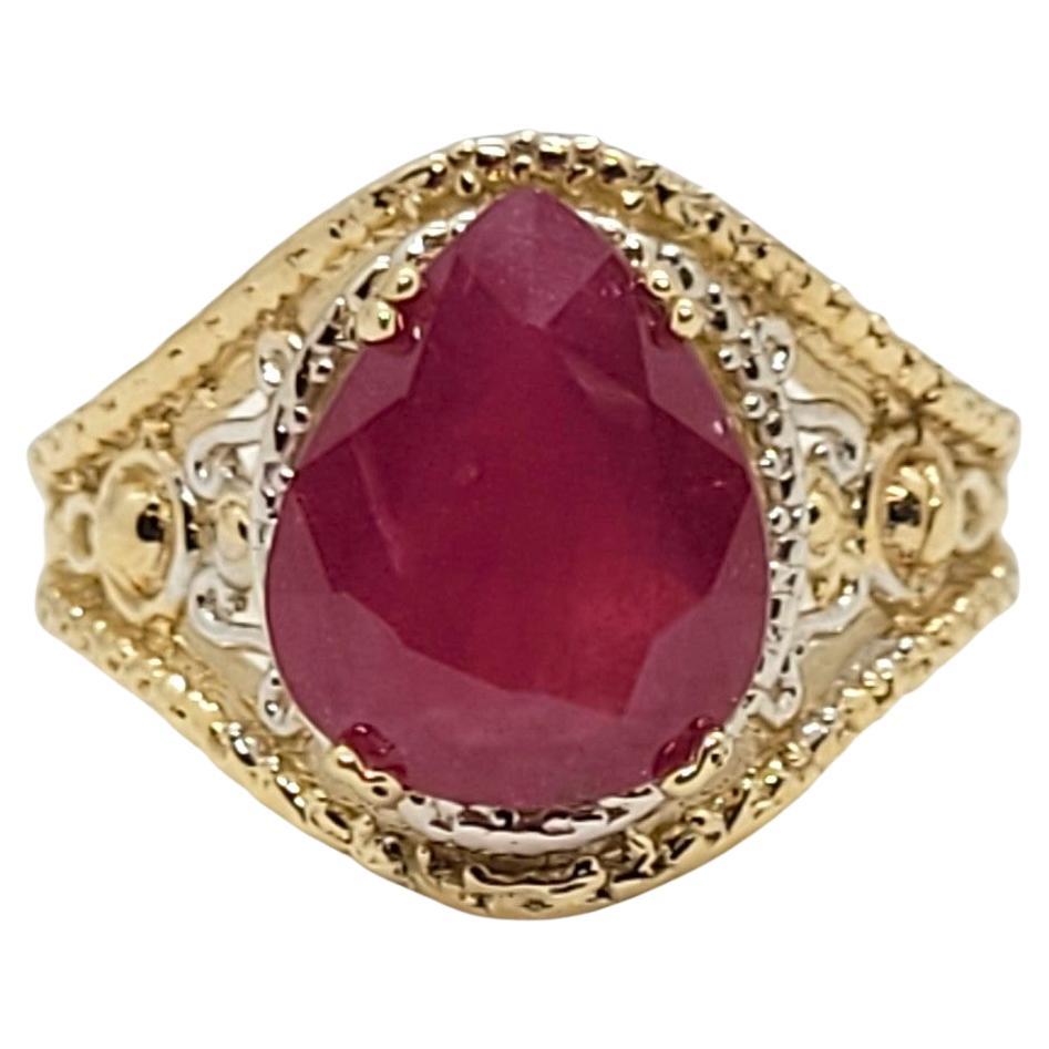 Anello in oro giallo 14kt con rubino perlato da 4,15 carati, misura 6,5, rapporto gemmologico, filigrana, 6 gr.