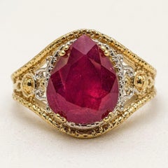 14kt Yellow Gold 4.15ct Pear Ruby Ring, Size 6.5, Gemology Report, Filigree, 6gr