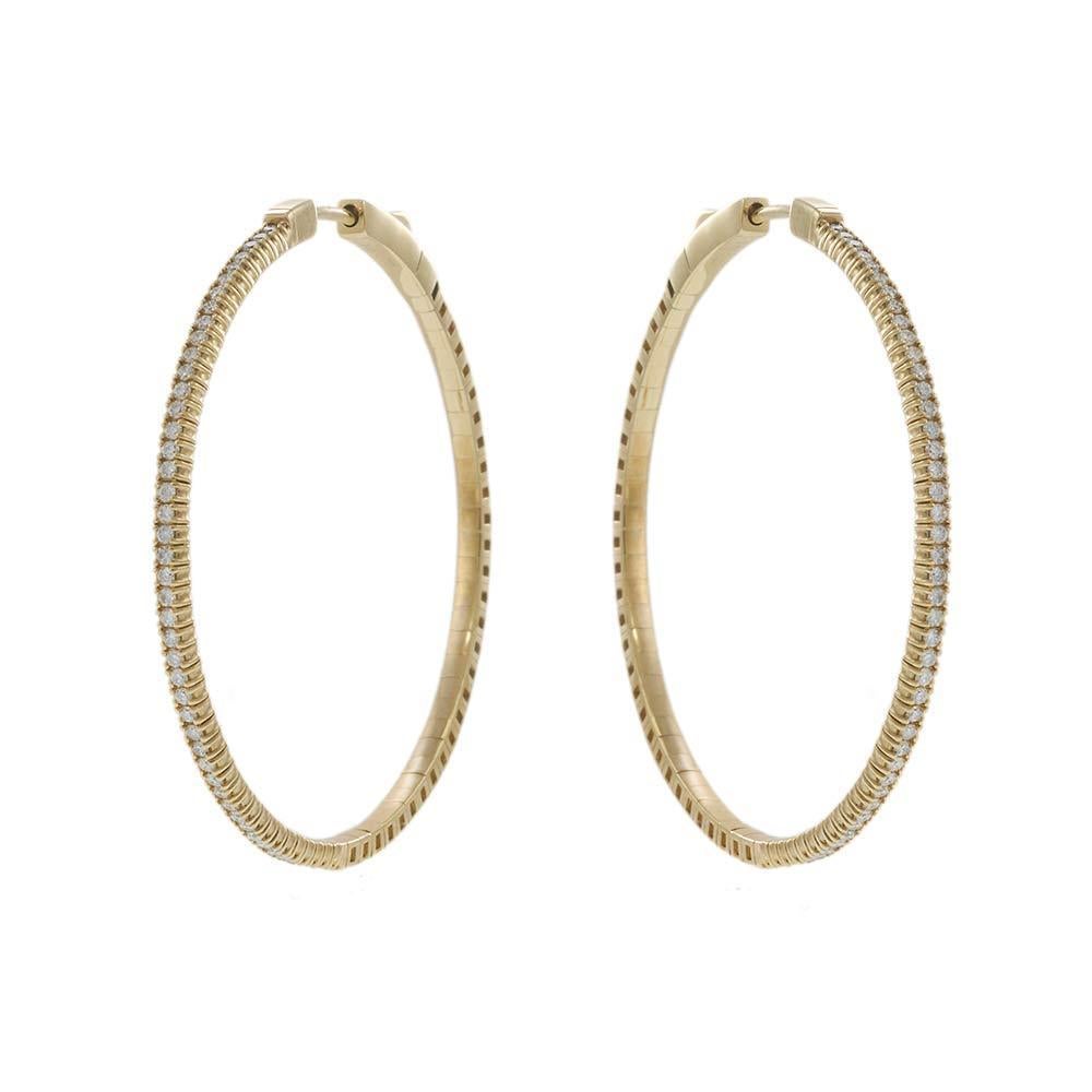Round Cut 14KT Yellow Gold 45mm Diamond Flex Hoop Earrings For Sale