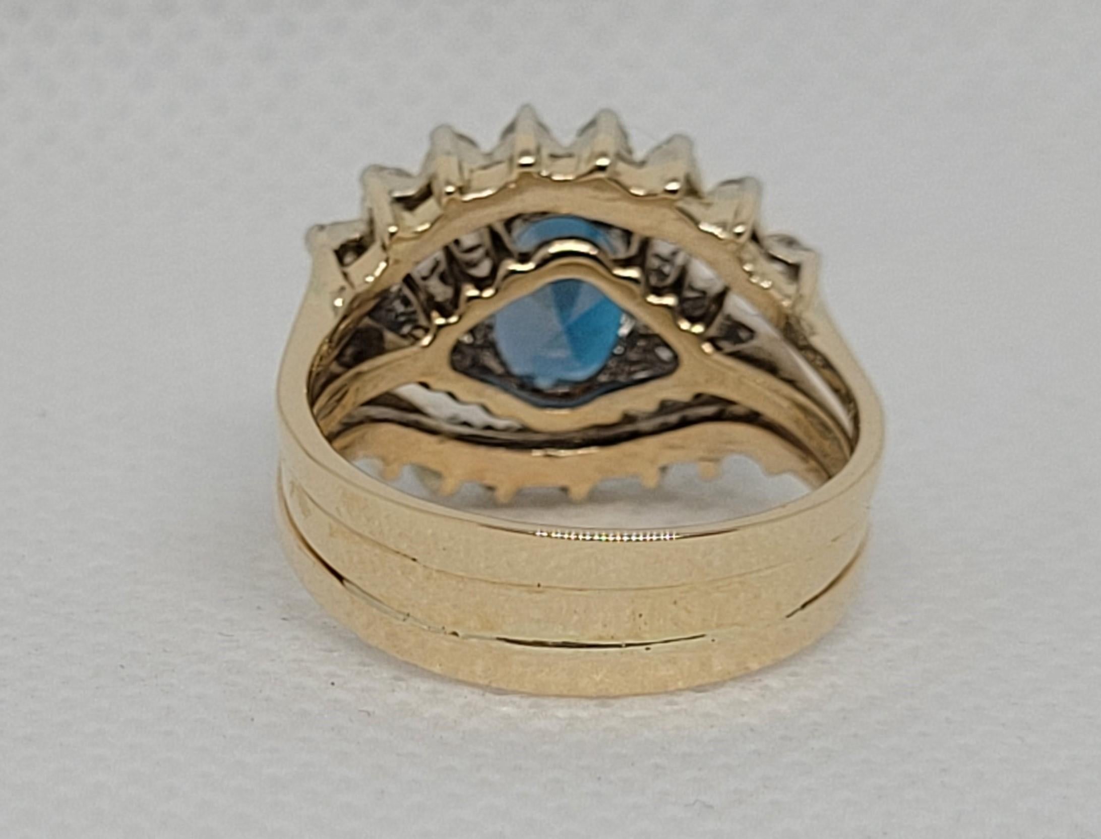 Retro 14kt Yellow Gold 9x7 Oval Blue Topaz .56ctttw Diamond Ring Wrap Size 6, 6.6 gr For Sale