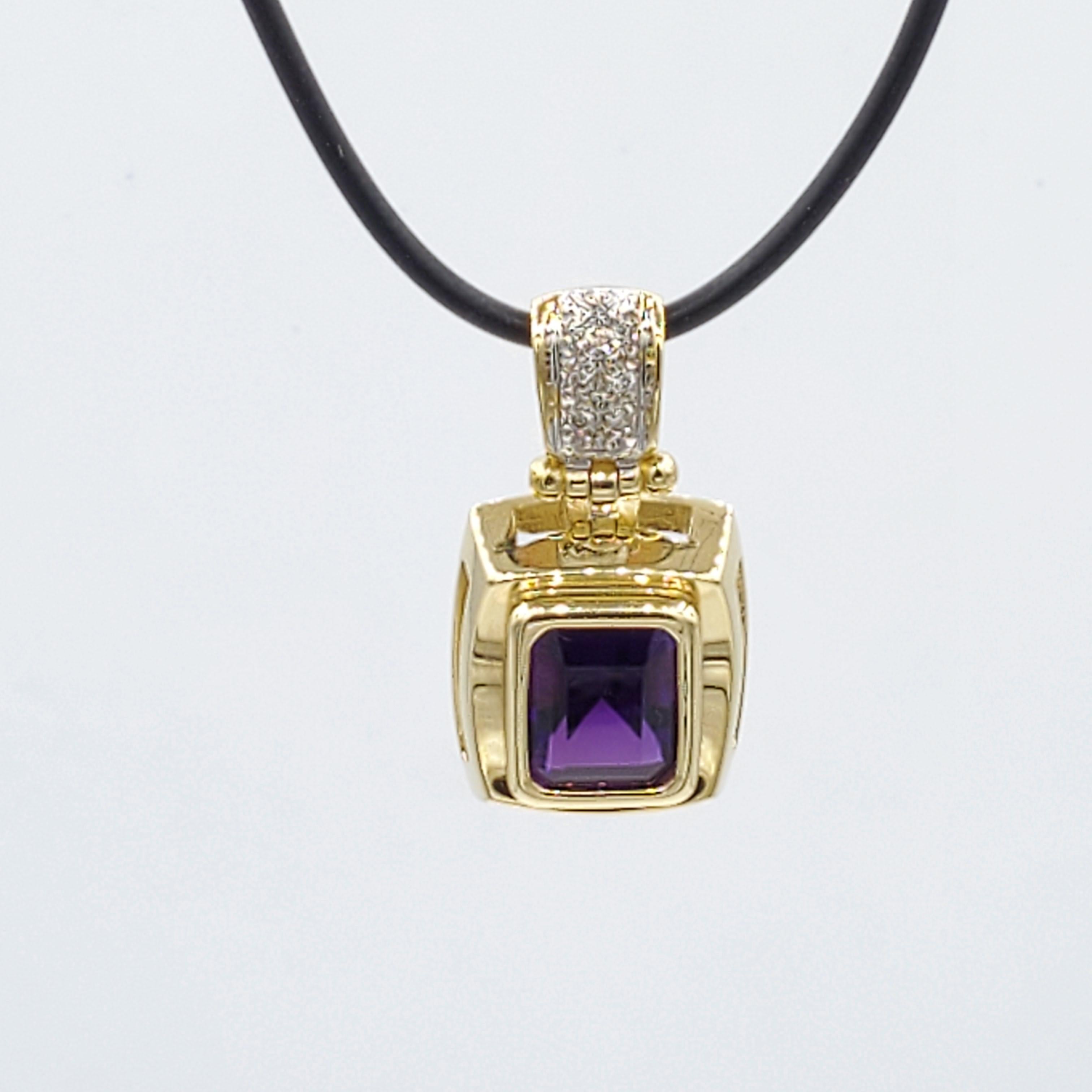 Modern 14 Karat Gold Amethyst Diamond Pendant, Like New Condition, Vibrant Purple For Sale