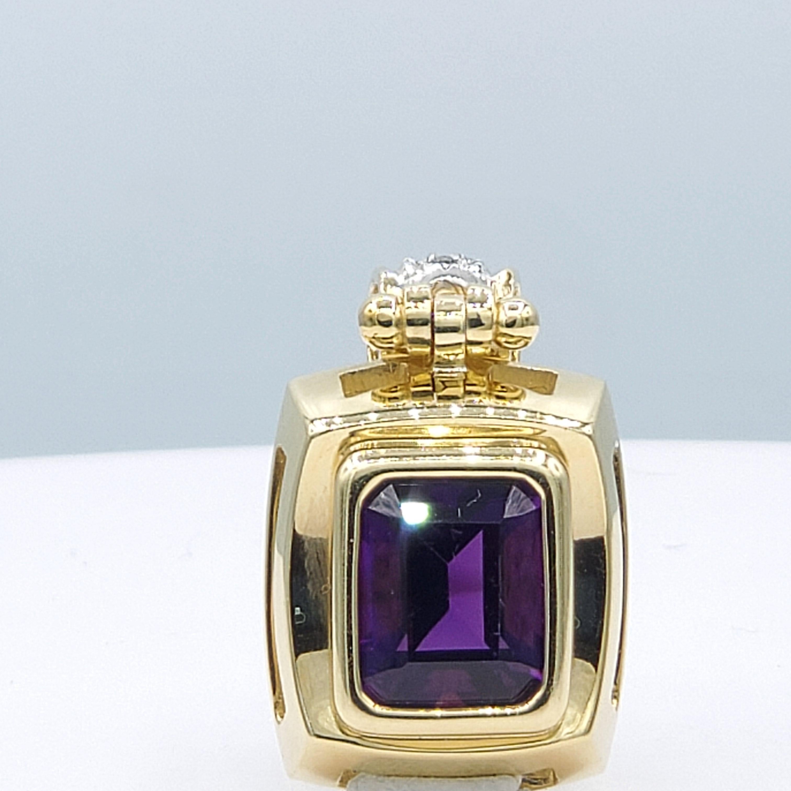 Emerald Cut 14 Karat Gold Amethyst Diamond Pendant, Like New Condition, Vibrant Purple For Sale
