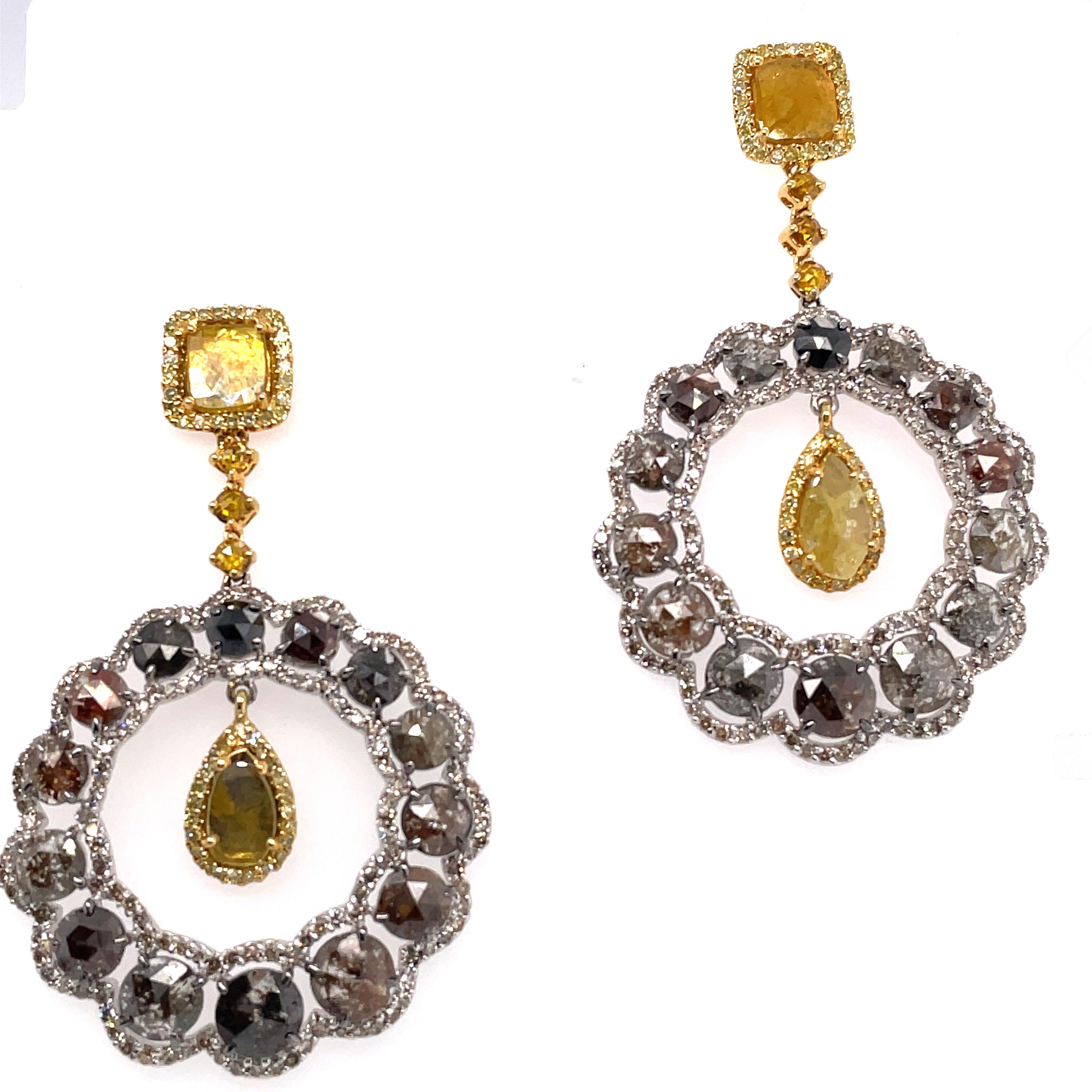 Mixed Cut 14Kt Yellow Gold and 14Kt White Gold 11.43 Carat Diamond Chandelier Earrings For Sale