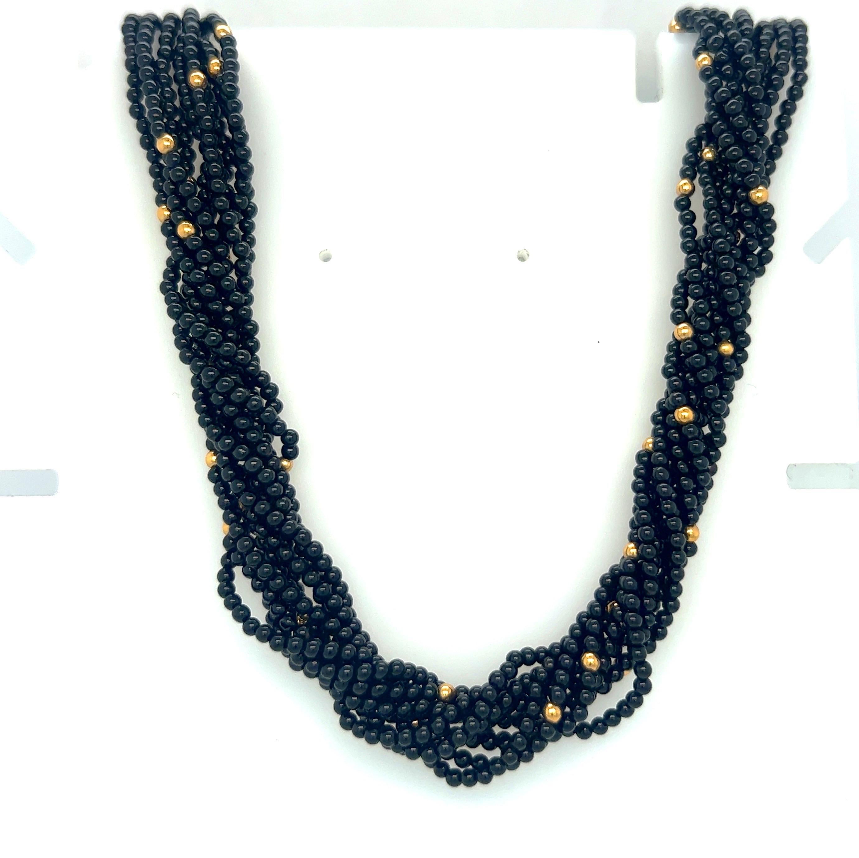 Retro 14KT Yellow Gold and Black Onyx Beaded Necklace For Sale