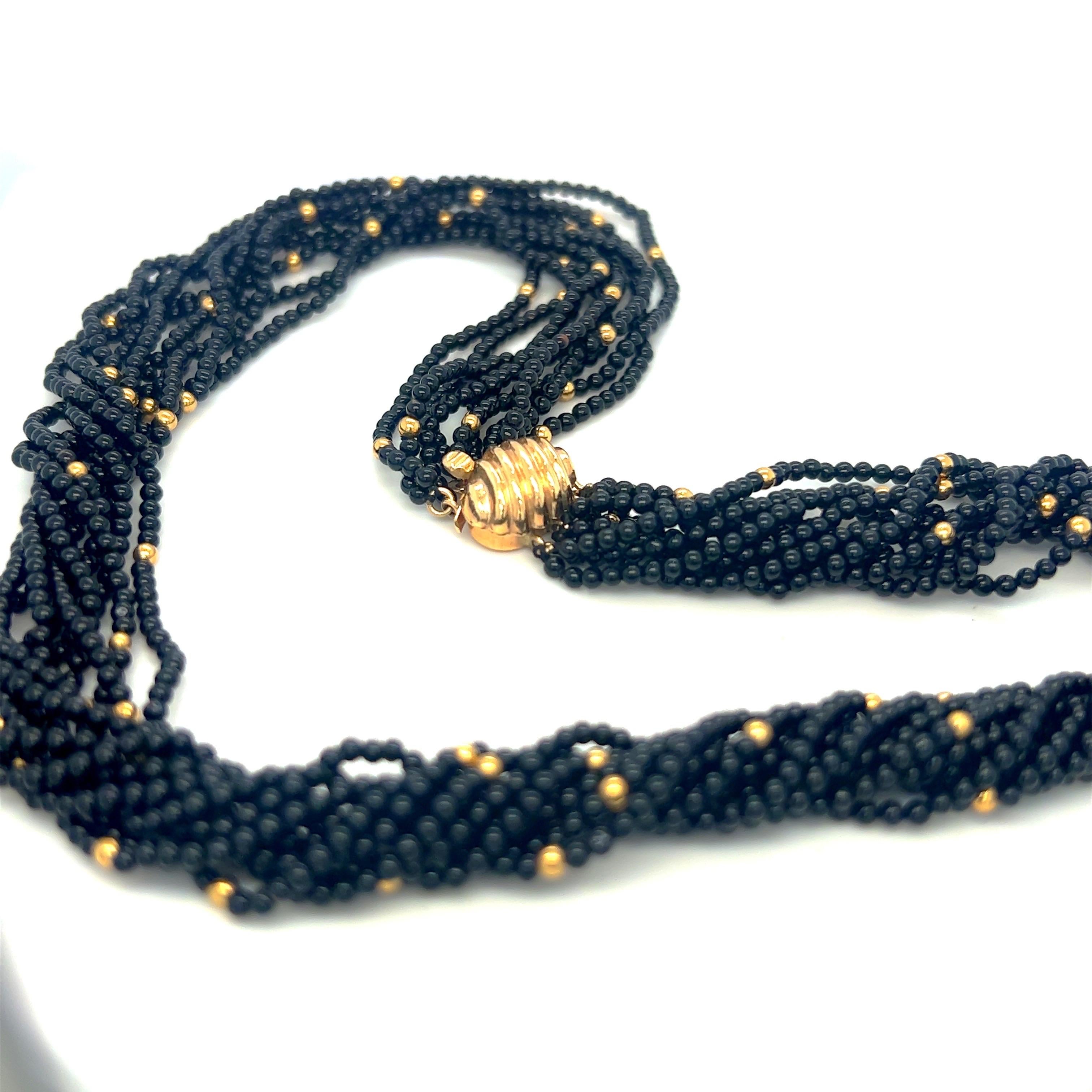 Women's or Men's 14KT Yellow Gold and Black Onyx Beaded Necklace For Sale