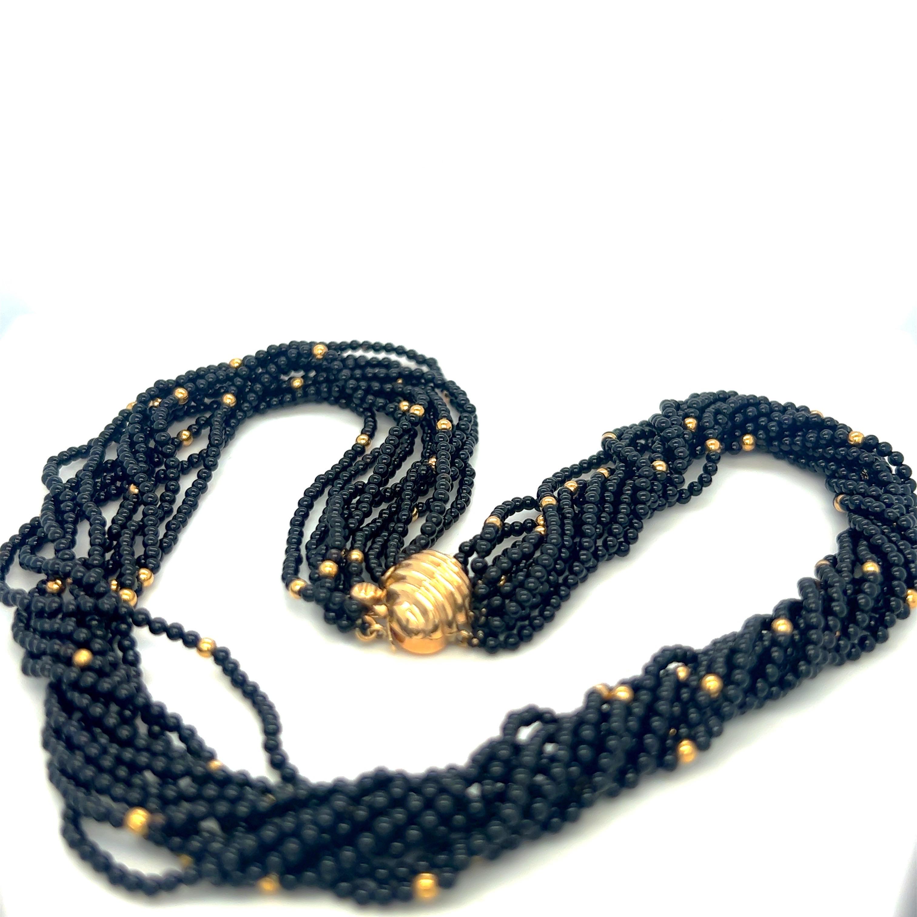 14KT Yellow Gold and Black Onyx Beaded Necklace For Sale 1