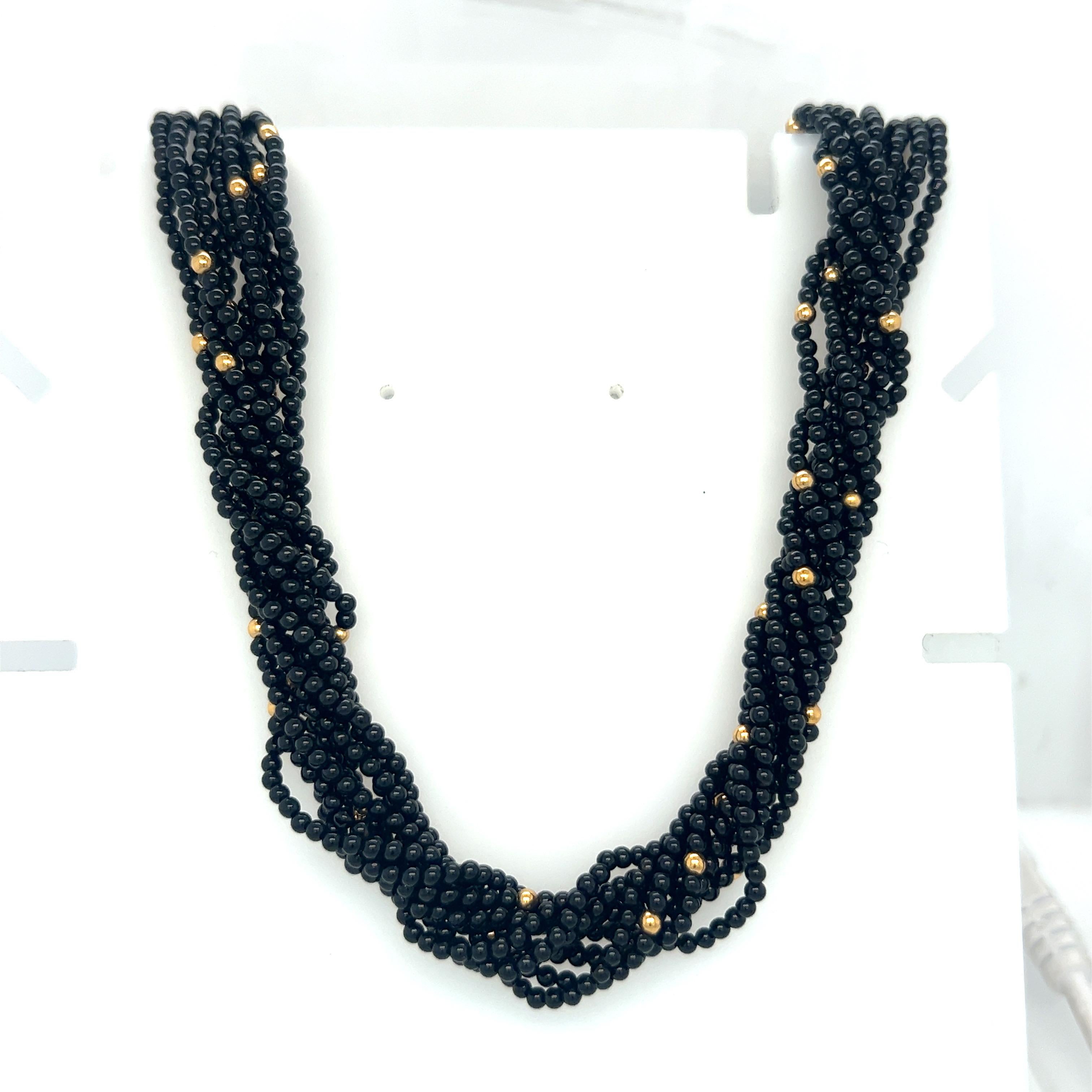 14KT Yellow Gold and Black Onyx Beaded Necklace For Sale 2