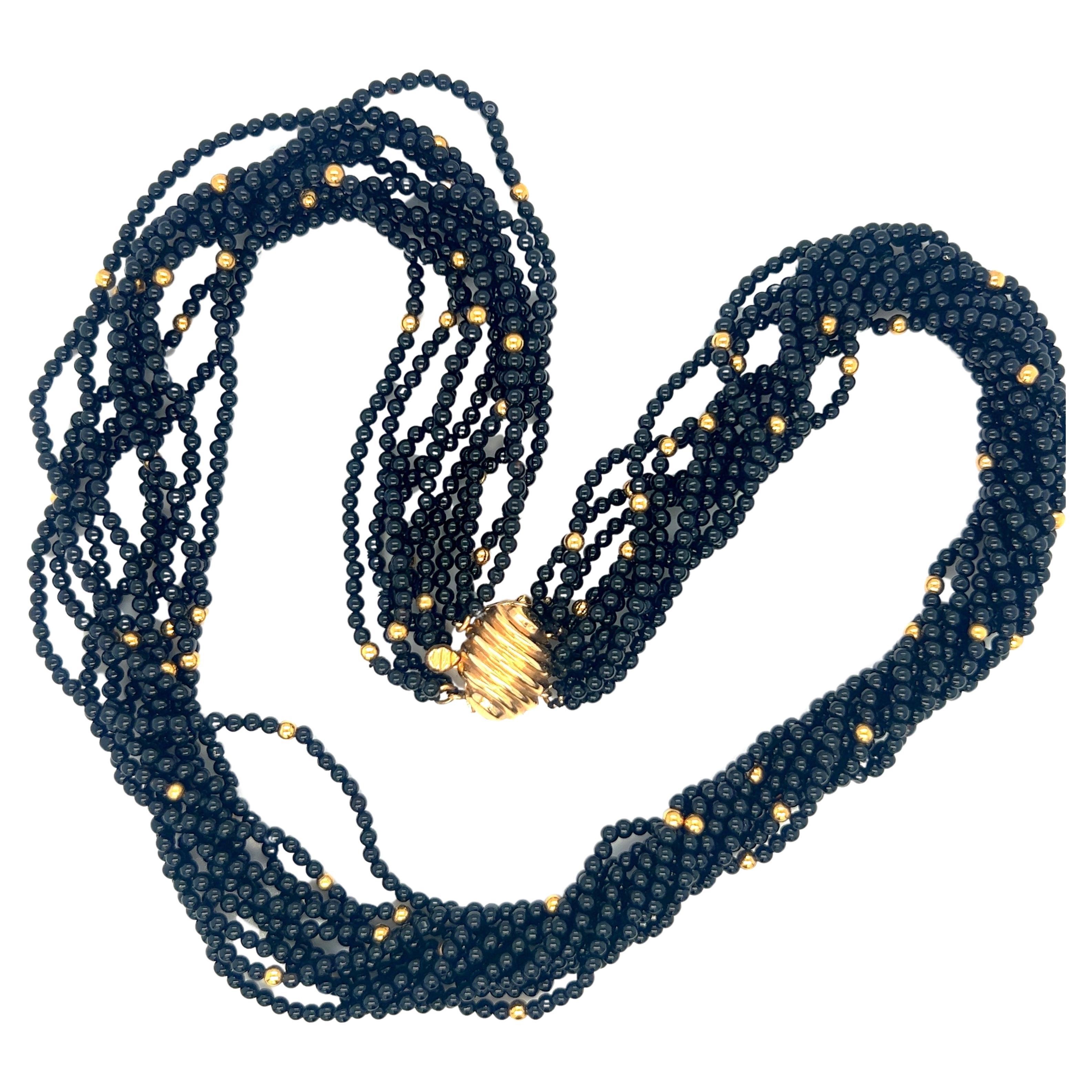 14KT Perlenkette aus Gelbgold und schwarzem Onyx mit Perlen im Angebot