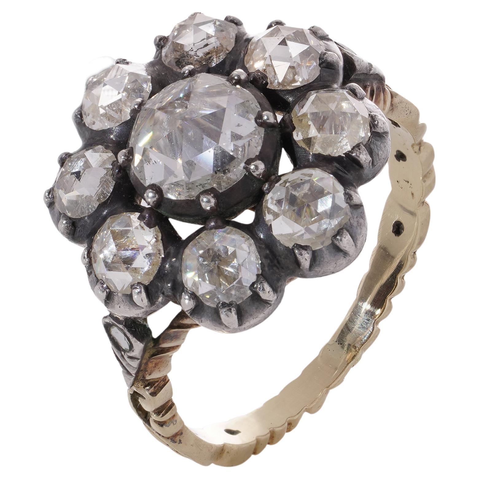  14kt. yellow gold and silver 3.12 carats of rose-cut diamonds ring  For Sale
