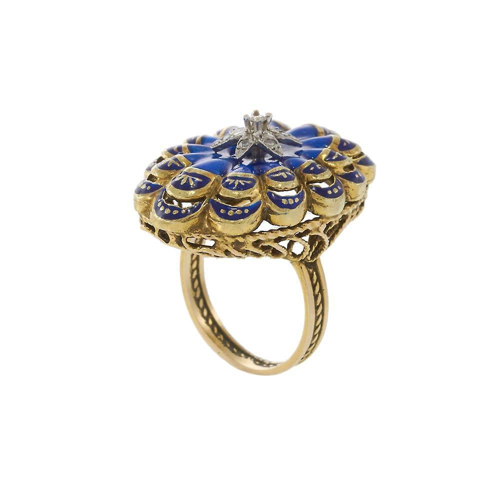 Single Cut 14KT Yellow Gold Antique Victorian Blue Enamel and Diamond Ring For Sale