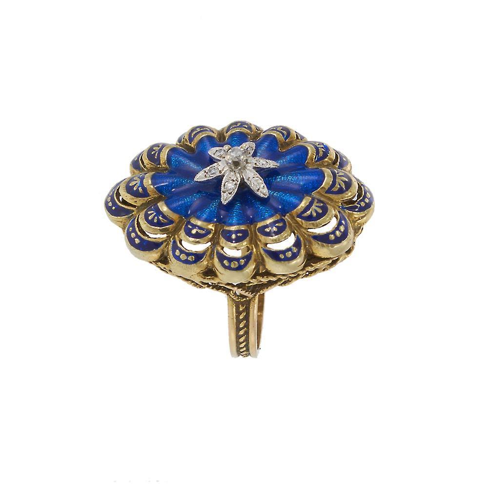 14KT Yellow Gold Antique Victorian Blue Enamel and Diamond Ring In Good Condition For Sale In New York, NY