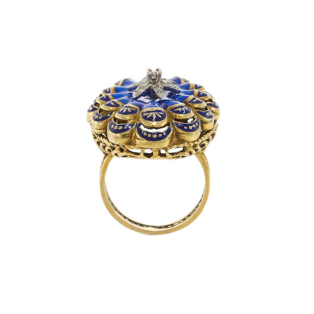 Women's 14KT Yellow Gold Antique Victorian Blue Enamel and Diamond Ring For Sale