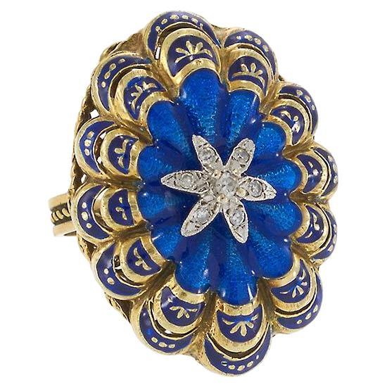 14KT Yellow Gold Antique Victorian Blue Enamel and Diamond Ring For Sale