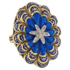 14KT Yellow Gold Antique Victorian Blue Enamel and Diamond Ring