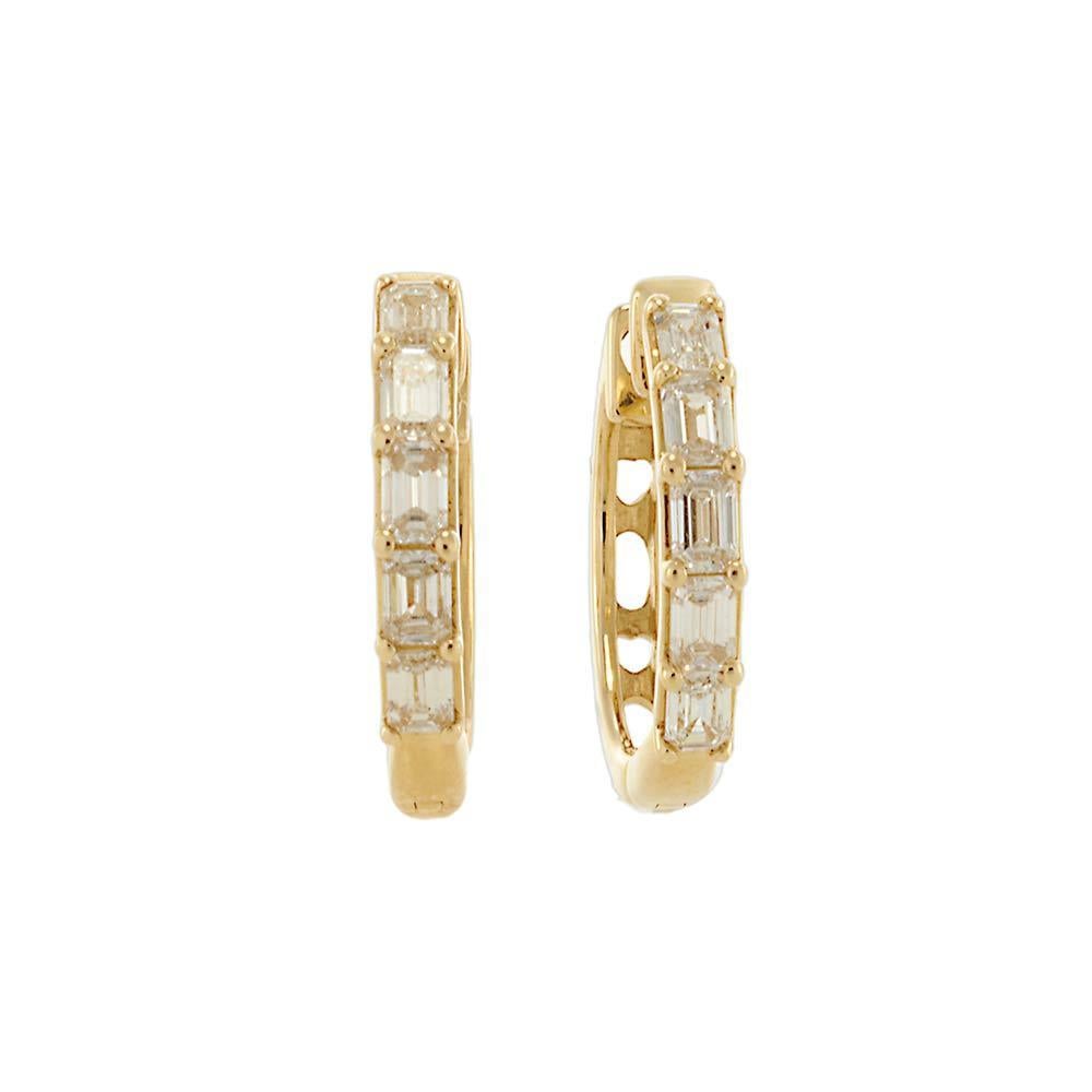 14KT Yellow Gold Baguette Diamond Huggie Hoop Earrings In New Condition For Sale In New York, NY