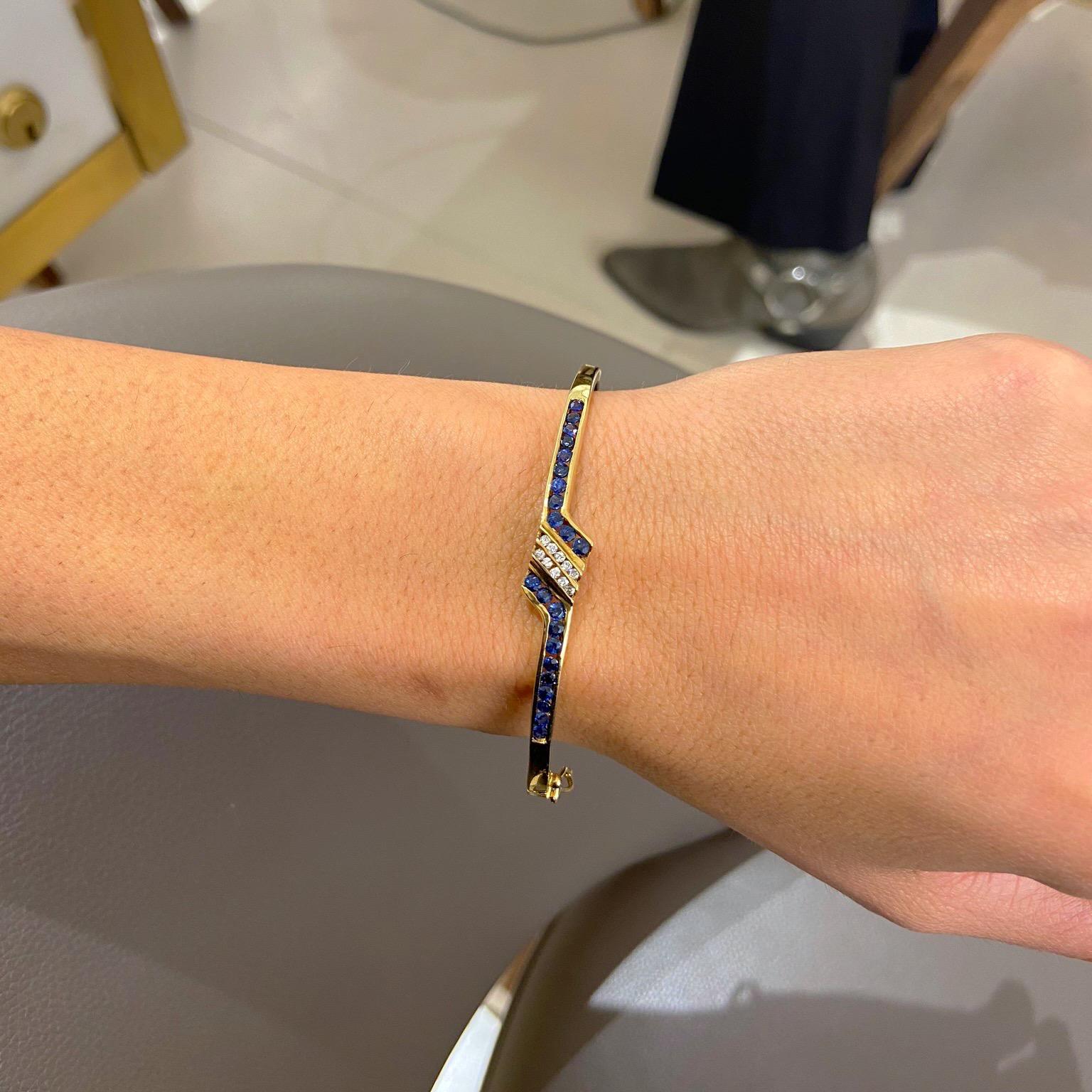 Retro 14KT Gold Bangle Bracelet with 1.15 Carat Blue Sapphires and .20 Carat Diamonds