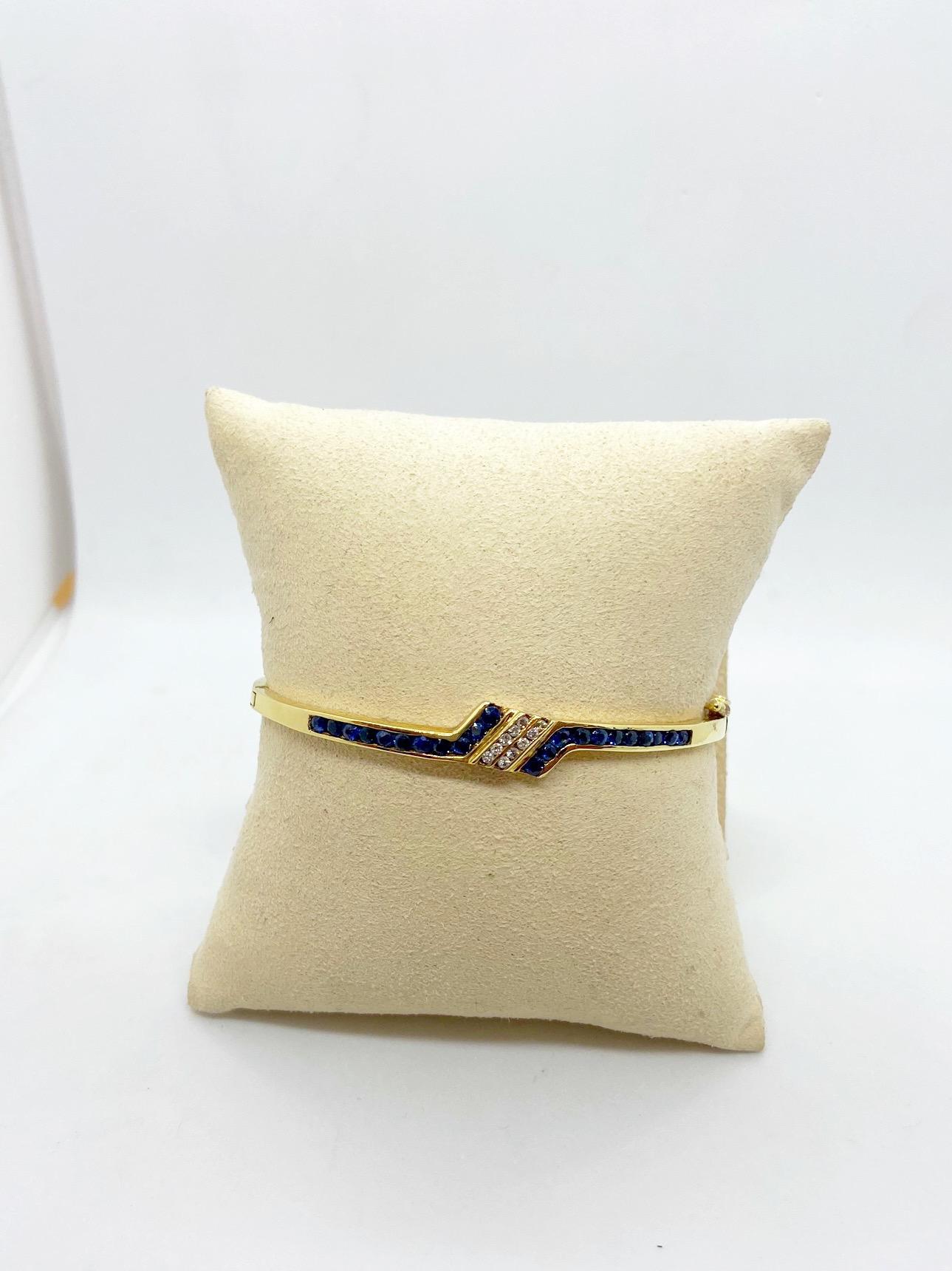 Round Cut 14KT Gold Bangle Bracelet with 1.15 Carat Blue Sapphires and .20 Carat Diamonds