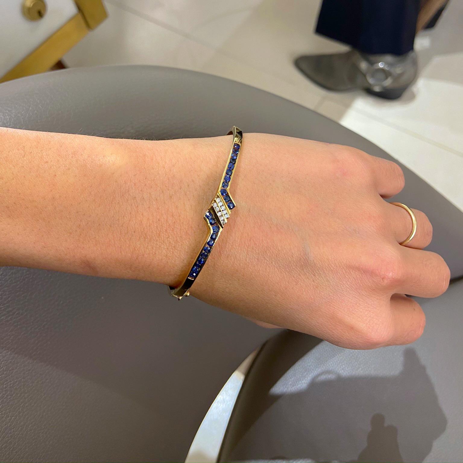 Women's or Men's 14KT Gold Bangle Bracelet with 1.15 Carat Blue Sapphires and .20 Carat Diamonds