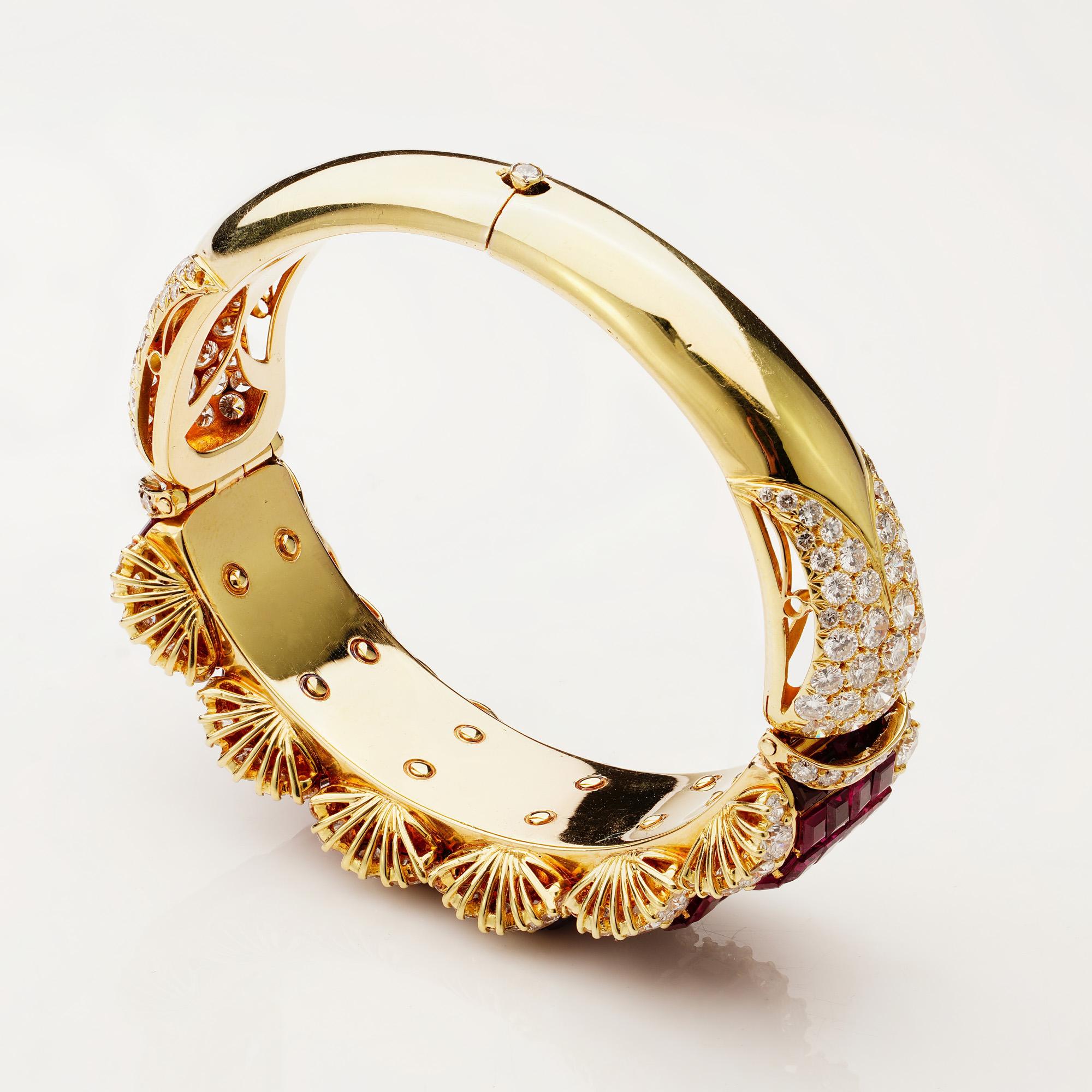 Square Cut 14kt. Yellow Gold Bangle Set with 18 Ct. Rubies and 12.84 Ct. Diamonds For Sale