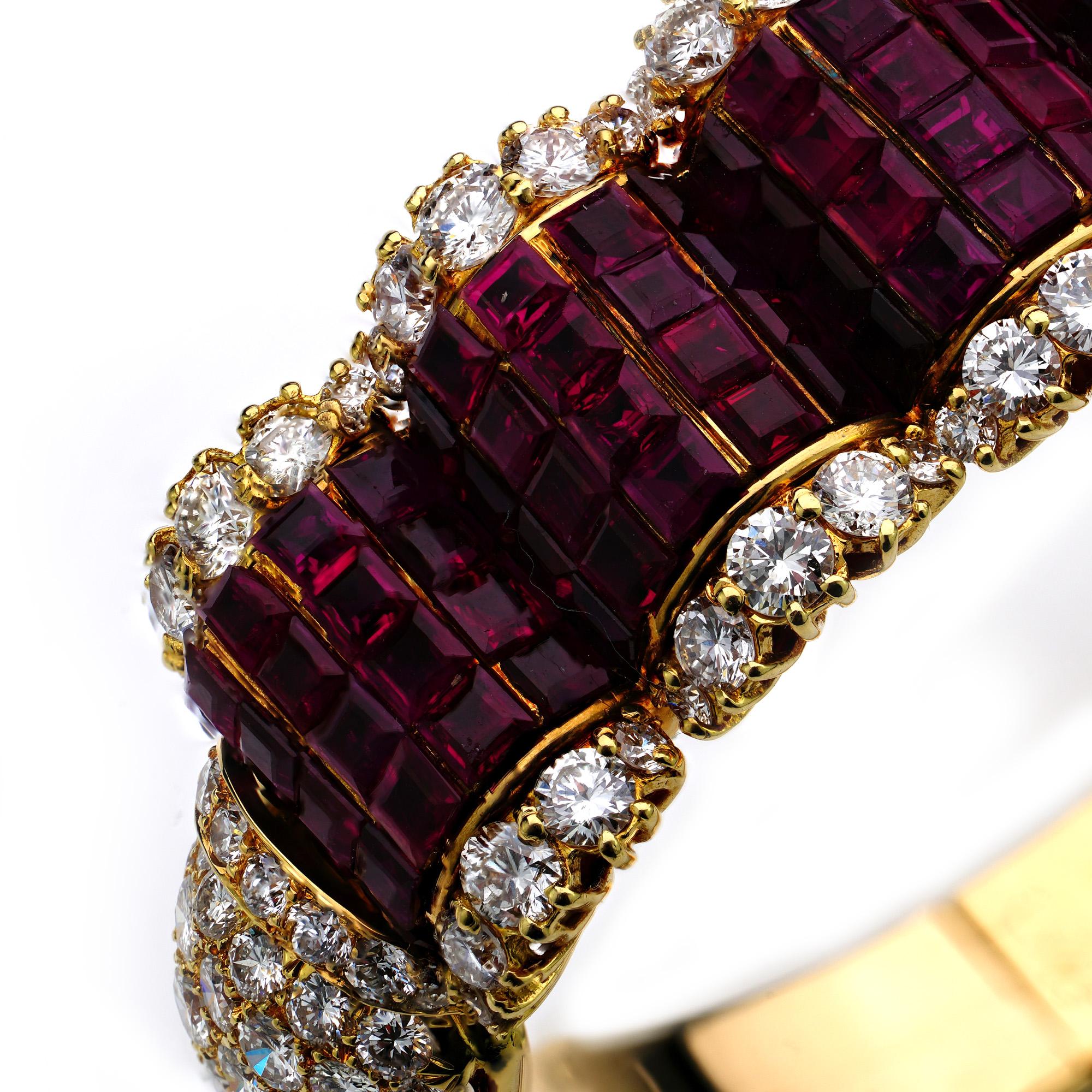 Women's or Men's 14kt. Yellow Gold Bangle Set with 18 Ct. Rubies and 12.84 Ct. Diamonds For Sale
