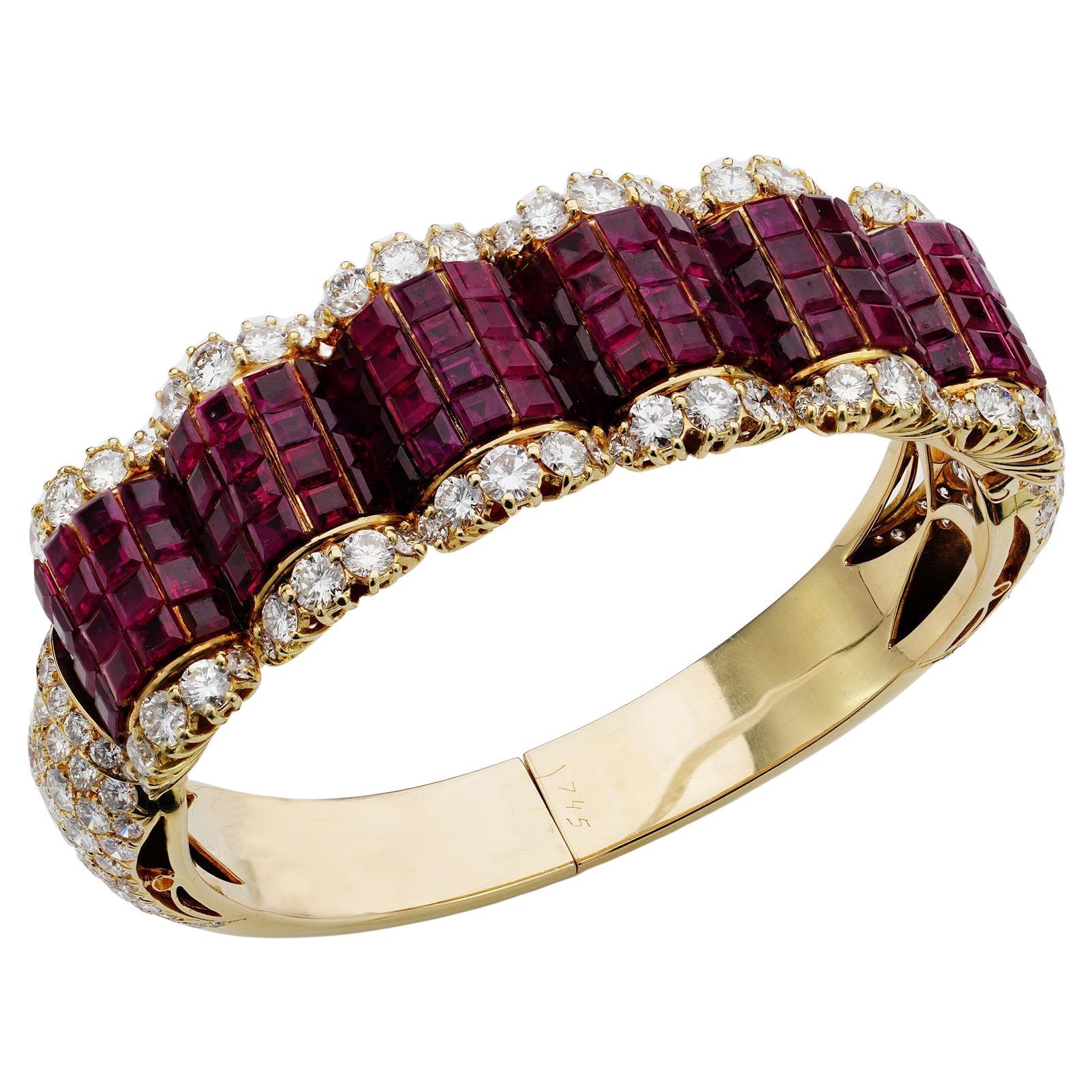 14kt. Yellow Gold Bangle Set with 18 Ct. Rubies and 12.84 Ct. Diamonds For Sale