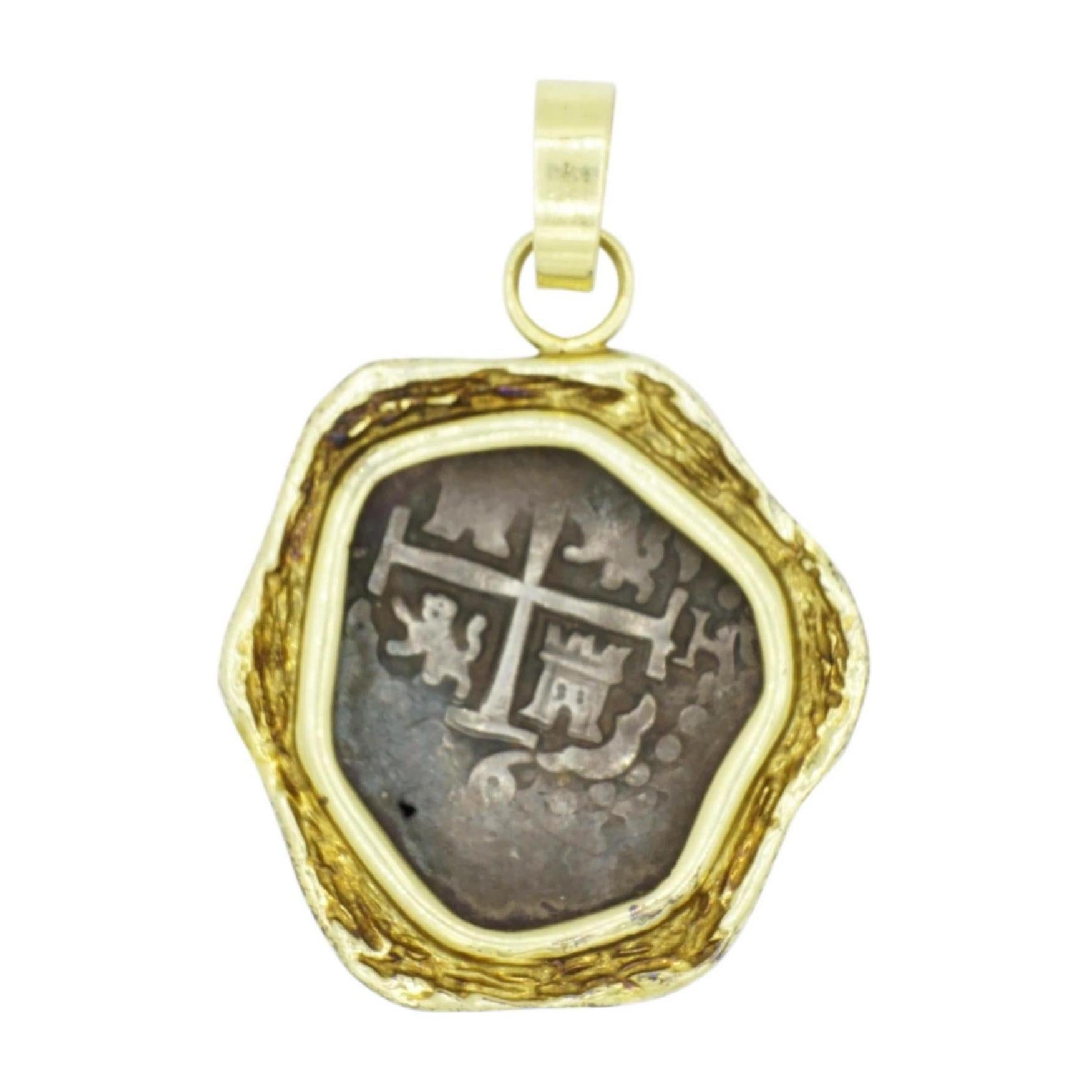 Women's or Men's 14 Karat Yellow Gold Bezel Pendant with an Old Ship Coin